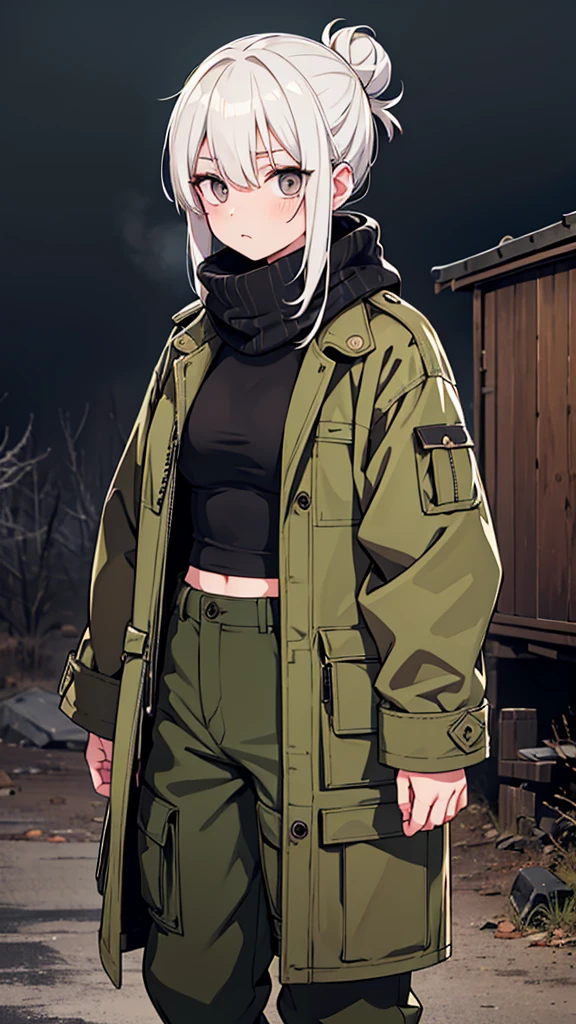 Japanese adult woman, 40-year-old adult, medium-length brown hair, grunge, aesthetic, inumaki, white hair tied into bun, no bangs, pure white hair, plain black turtleneck, lazy, eyebags, ominous, eerie, mysterious, night time, dark, eyebags, bags under eyes, adult woman, olive pants, woodlands camo cargo pants, grunge black turtleneck tucked into camo pants, eerie moorlands background, turtleneck sweater covering mouth, open long coat, black scarf covering mouth, mouth covered, facemask, stern expression, arrogant