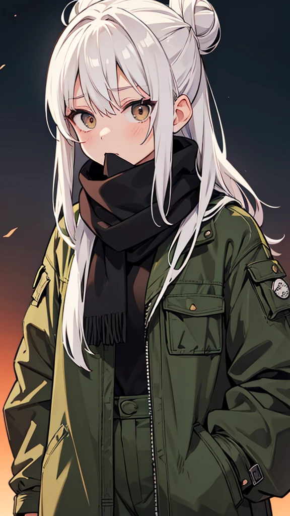 Japanese adult woman, 40-year-old adult, medium-length brown hair, grunge, aesthetic, inumaki, white hair tied into bun, no bangs, pure white hair, plain black turtleneck, lazy, eyebags, ominous, eerie, mysterious, night time, dark, eyebags, bags under eyes, adult woman, olive pants, woodlands camo cargo pants, grunge black turtleneck tucked into camo pants, eerie moorlands background, turtleneck sweater covering mouth, open long coat, black scarf covering mouth, mouth covered, facemask, stern expression, arrogant
