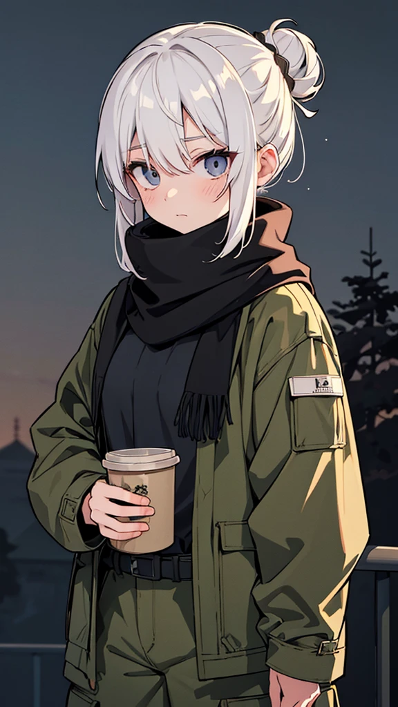 Japanese adult woman, 40-year-old adult, medium-length brown hair, grunge, aesthetic, inumaki, white hair tied into bun, no bangs, pure white hair, plain black turtleneck, lazy, eyebags, ominous, eerie, mysterious, night time, dark, eyebags, bags under eyes, adult woman, olive pants, woodlands camo cargo pants, grunge black turtleneck tucked into camo pants, eerie moorlands background, turtleneck sweater covering mouth, open long coat, black scarf covering mouth, mouth covered, facemask, stern expression, arrogant