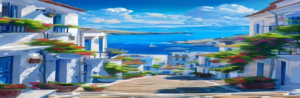 There is a small street in the painting,Flowers on the street,There is a boat in the water, Beautiful art UHD 4K, Detailed scenery —width 672, mediterranean vista, mediterranean island scenery, Detailed painting 4k, 在mediterranean vista中, mediterranean city, Beautiful digital painting, Landscape Art Detail, Beautiful city view, Highly detailed numbers, Greek fantasy landscape, Details and vivid colors