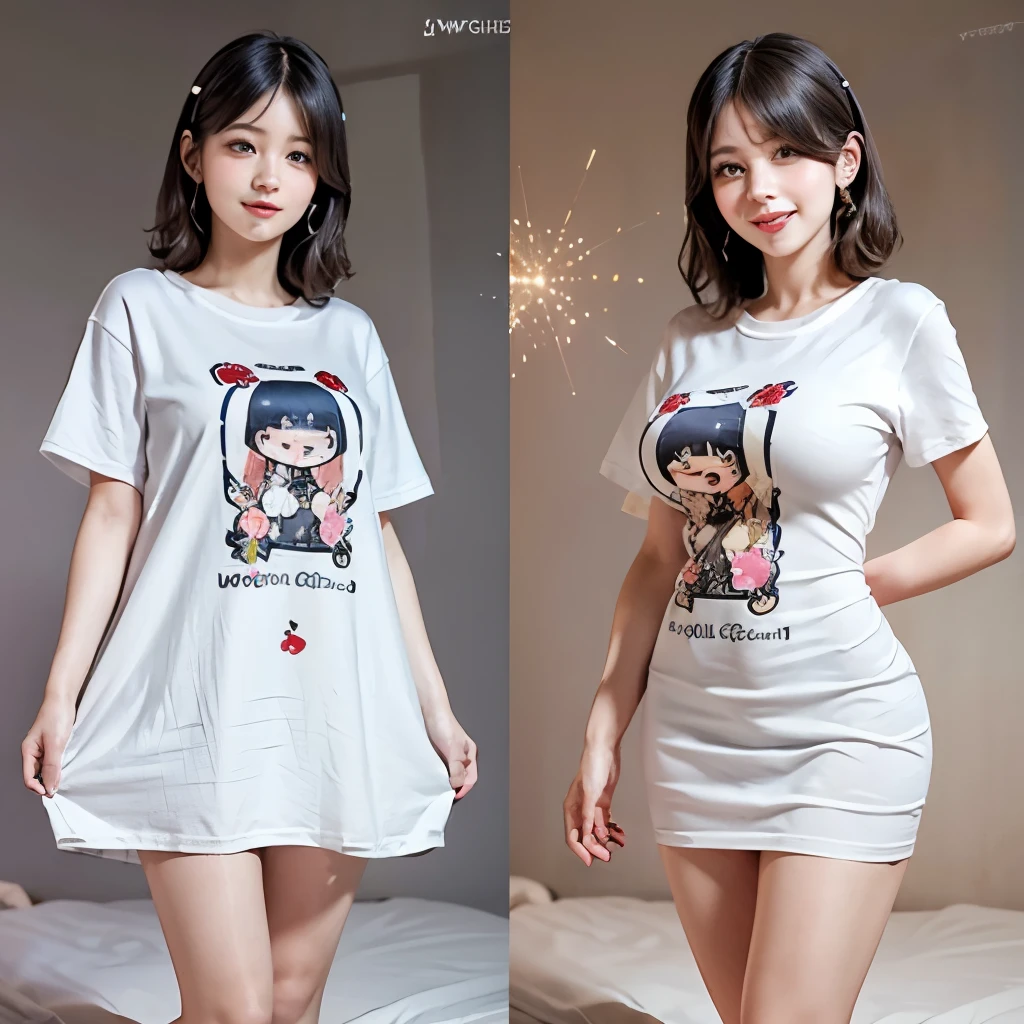 White and Bright Red, (Masterpiece 8K TopQuality:1.2) (ProfessionalPhoto:1.37) ExtremelyDetailed (((FullBody, KAWAII girl with HUGE boobs:1.37)) in ((WHITE cotton T-shirt dress:1.28) with (LifeSize her portrait printed on it:1.37)) detailed (Delicate cotton textures)) SEXY PUNIPUNI B PerfectLighting (Studio Dark GRAY Background) with (Oodles of mystic Dazzling RainbowColor Particles:1.26)  BREAK  (((NOGIZAKA FaceVariations))), Extremely Detailed (very KAWAII Face), Childish CaptivatingGaze Stunning ParfectEyes ElaboratePupils with (SparklingHighlights:1.28), DoubleEyelids with (Detailed Voluminous LongEyelashes:0.88), Small GlossyRedLips with BeautifulDetails, CoquettishTongue, PUNIPUNI RosyCheeks, Radiant PearlSkin with Transparency, Glowing DowneyHair . { (Dynamic Joyful expressions LifeLike Rendering:1.4) | (:d) }, (large eyes:-1) . 