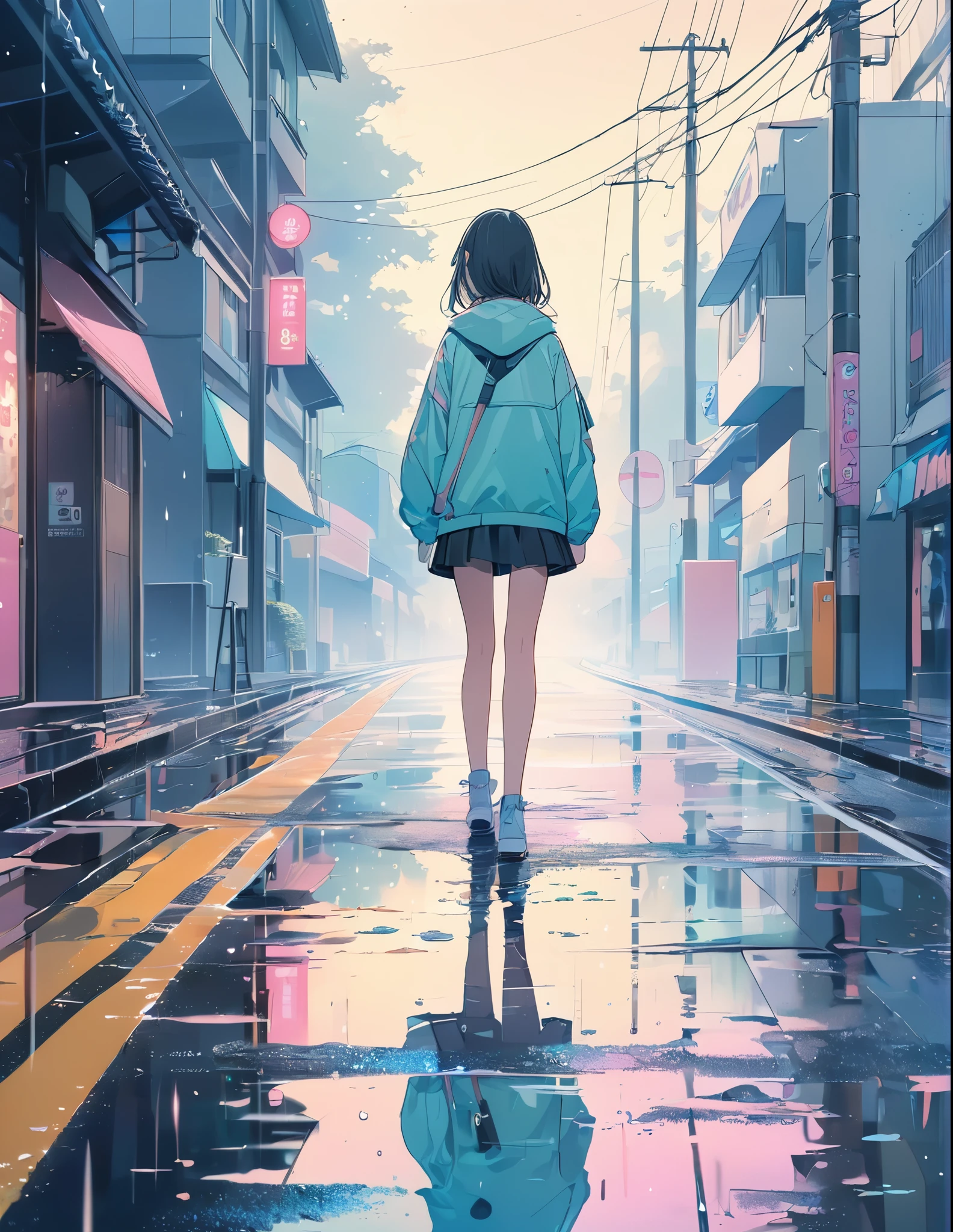 (anime style:1.4),Soft pictorial touches、超High resolution, Attention to detail, high quality, High resolution, 最high quality, 4K, 8K,Road after the rain、Puddle and girl、Pastel color effect