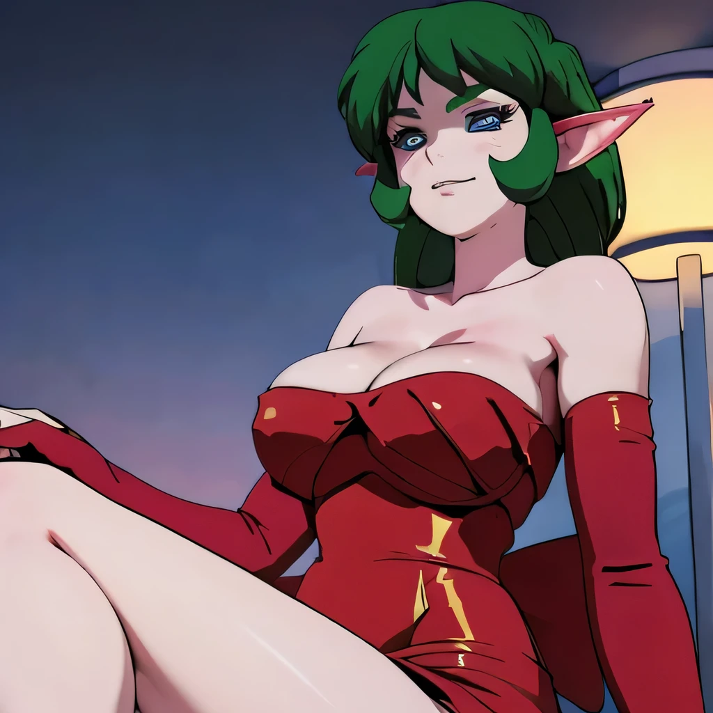  ((masterpiece,best quality,ultra-delicate,Perfect Face,16k,high resolution,very beautiful girl)),medium short green hair, seductive pose,Red strapless bodycon tube dress ,Red long arm sleeves,red high heels,Elf Girl,huge Breasts,blue eyes,Beautiful smile,20 years old