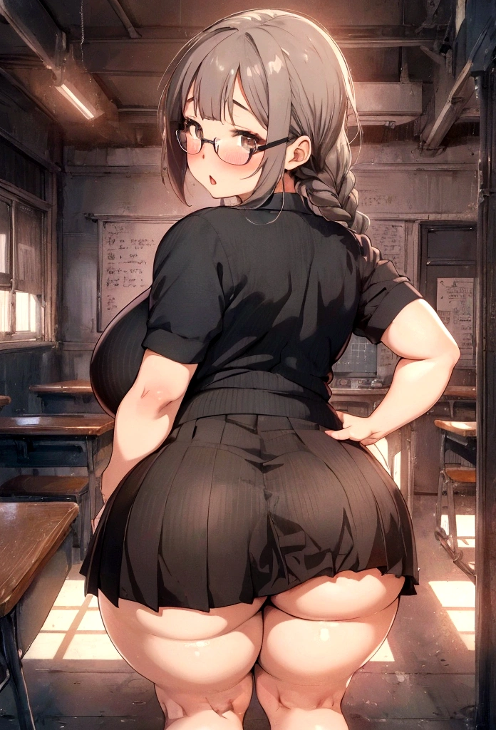 Anime-style image of a woman wearing a short skirt and glasses, hyperRealistic , a hyperRealistic , chic, Realistic , , Gwaiz, artwork in the style of Gwaiz, (SFW) Safe at Work, [ 4k digital art ]!!, Short full body portrait!,(masterpiece), (One serious civil service commissioner: 1.3), (Super thick and plump body: 1.3), (Huge breasts and buttocks)), (Small Head: 1.2), (Very small uniform)), (Shiny skin: 1.2), (A speech while crouching in the stands in the schoolyard in the morning)), {fat},1boy, penis, doggystyle, from behind, spreadassms, chubby body, fat body, short,ultra detailed, masterpiece, best quality, blush, a woman, rolling eyes, open mouth, school girl, wearing , wearing glasses, classroom, sunset, light particles, hdr, brown grey hair, midium wavy hair, shiny hair, bang, single braid, clear grey eyes, Smiling Kiss, Tongue Out, アニメ ,orgasm face, sexual climax, bitch, back shot, back view, low angle, from below, back view, arched back, looking back, all fours, chubby body, BIG ASS , saliva, BBW, slender waist, anal, seiza, hands on head,white eyes, Hand Drawn, Showing Ass, Bobcut, Knee socks, (Super thick and plump body: 1.3), Butt sticking out, Close your legs, seiza, spread legs, pleated skirt, Stretch your arms back, long pleated skirt, I can&#39;t see your butt, Buttocks hide, Arms folded behind back, Super big butt, Awesome numbness , Plump , Chubby, Butt sticking out,