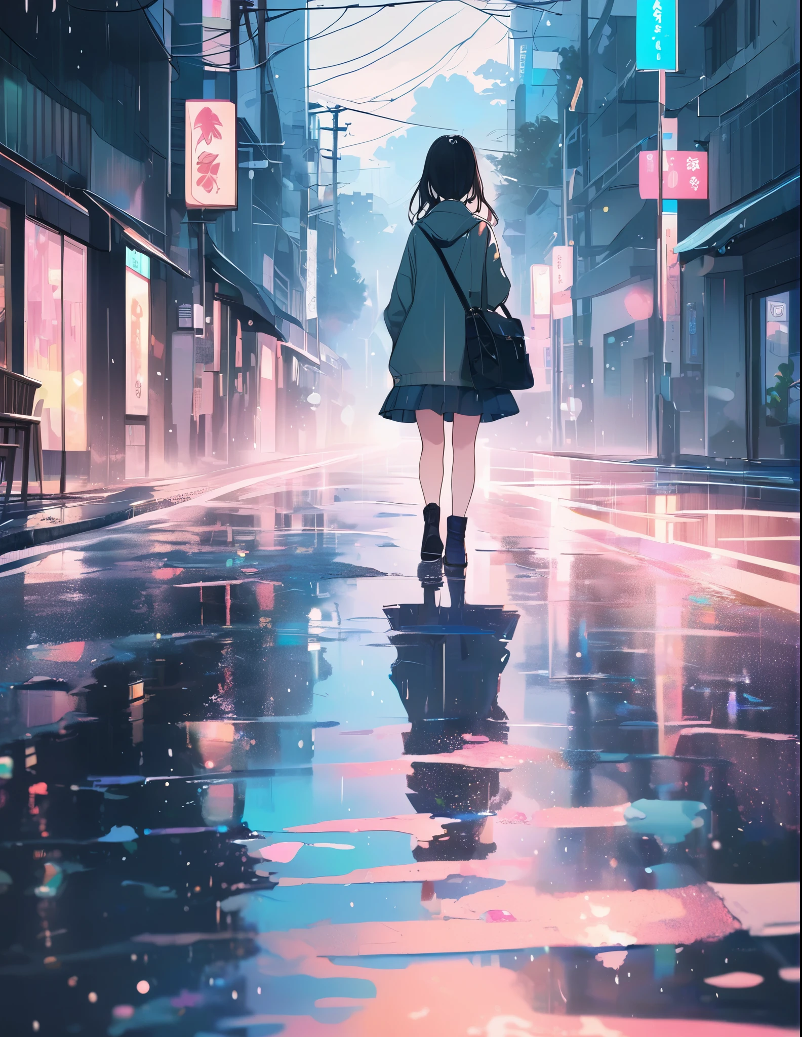 (anime style:1.4),Soft pictorial touches、超High resolution, Attention to detail, high quality, High resolution, 最high quality, 4K, 8K,Road after the rain、Puddle and girl、Pastel color effect