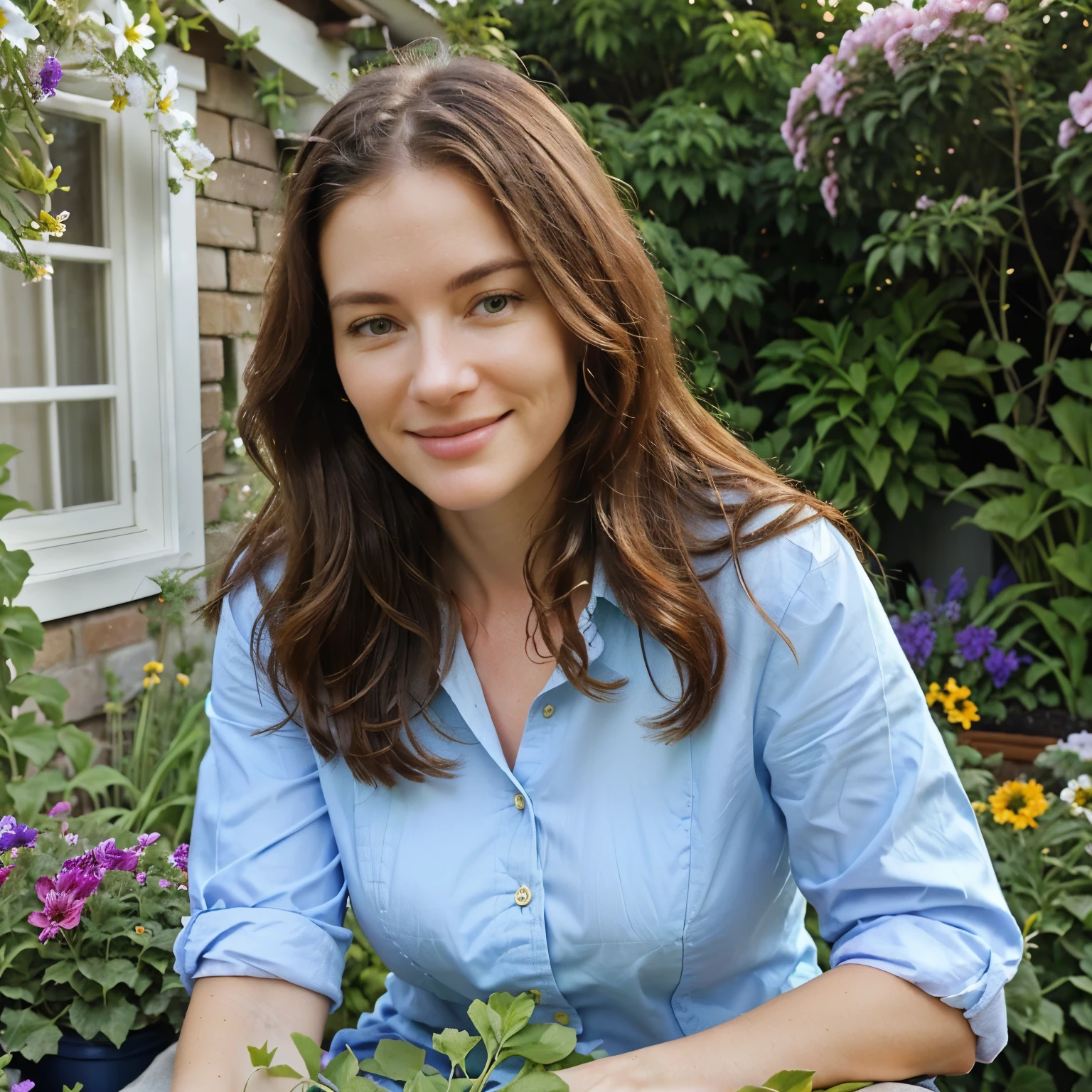 Dr. Amanda Eversfield in her garden, tending to vibrant flowers and vegetables, dressed in casual gardening clothes, with a relaxed and content expression, surrounded by greenery and blooming plants.