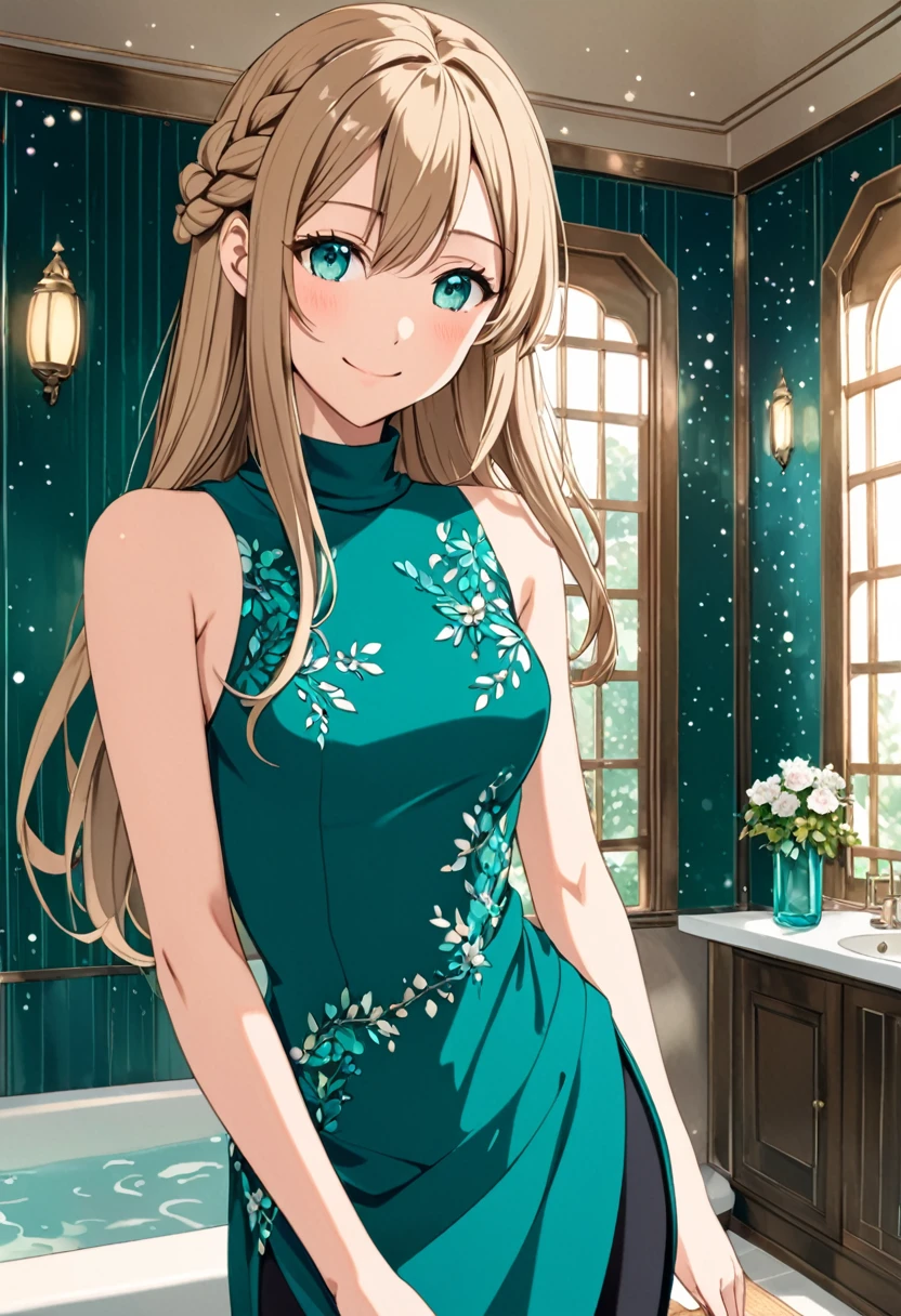  solo, 1, tall, old figure, (straight hair with braid end (dark blonde)), beautiful face, (close mouth:1.2), smiling softly, small breast flat, teal colored crystal themed sleeveless mock-neck dress, black leggings pants and skirts overlay, bathromm, anime style