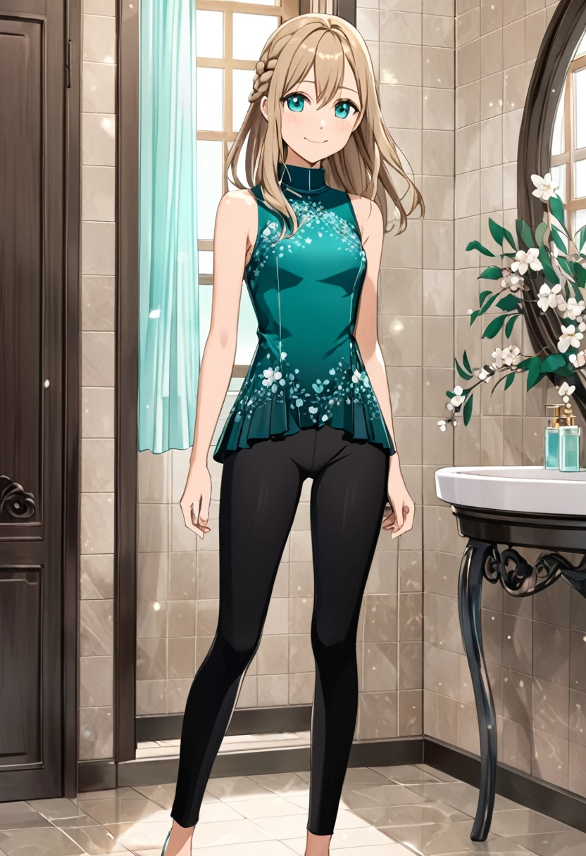  solo, 1, tall, old figure, (straight hair with braid end (dark blonde)), beautiful face, (close mouth:1.2), smiling softly, small breast flat, teal colored crystal themed sleeveless mock-neck dress, black leggings pants and skirts overlay, bathromm, anime style