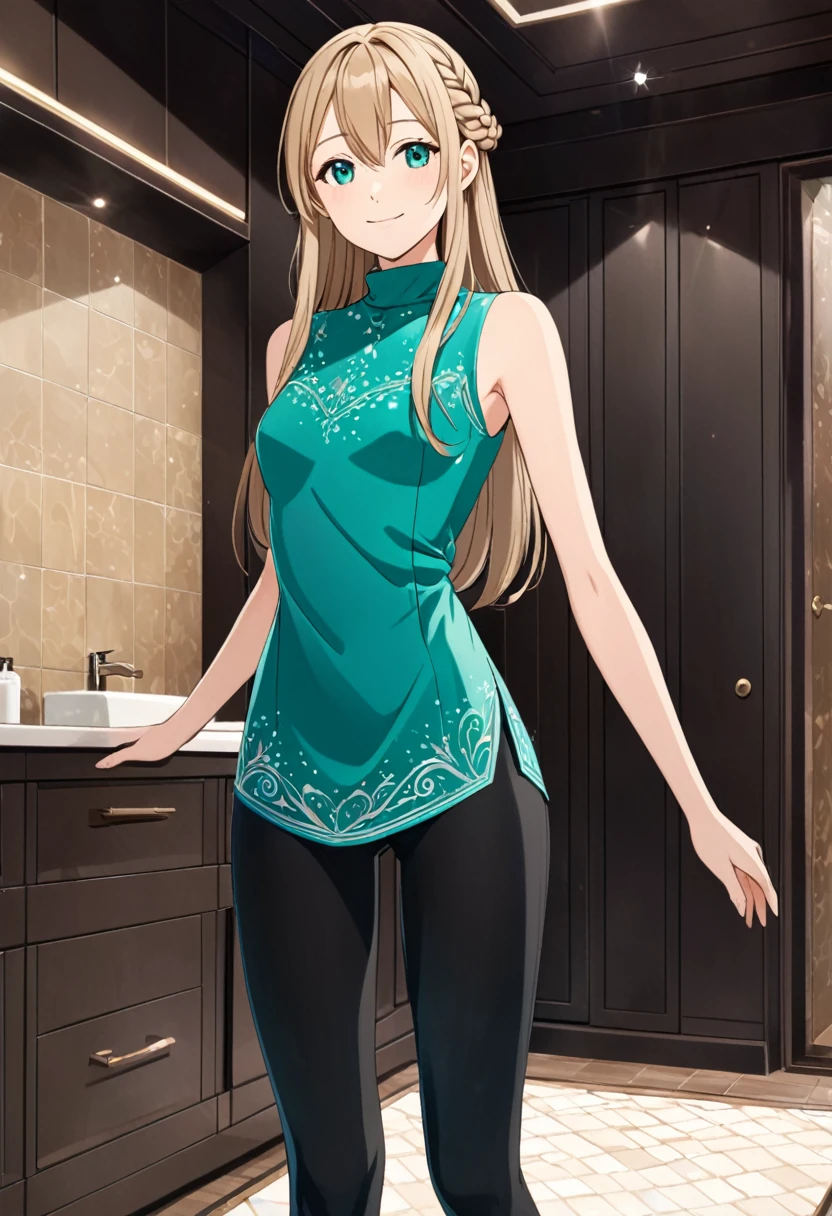 solo, 1, tall, old figure, (straight hair with braid end (dark blonde)), beautiful face, (close mouth:1.2), smiling softly, small breast flat, teal colored crystal themed sleeveless mock-neck dress, black leggings pants and skirts overlay, bathromm, anime style