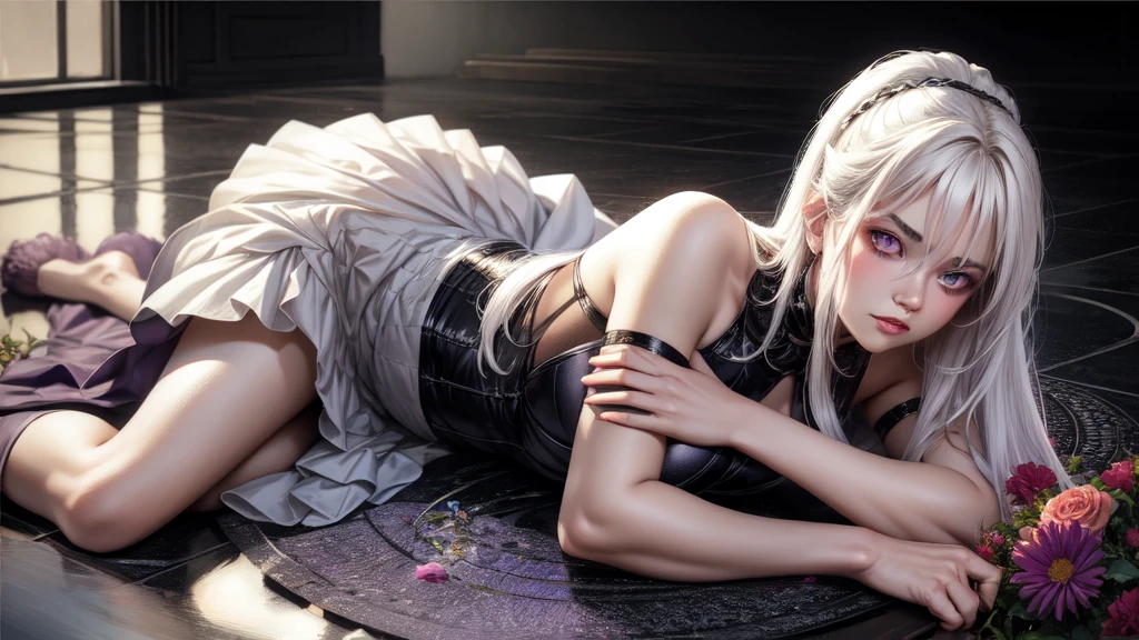 realisitic, 1 girl, White hair, purples eyes, glare eyes, top cut, overskirt, parted lips, blush, natta, flowers, floor, floorlight,