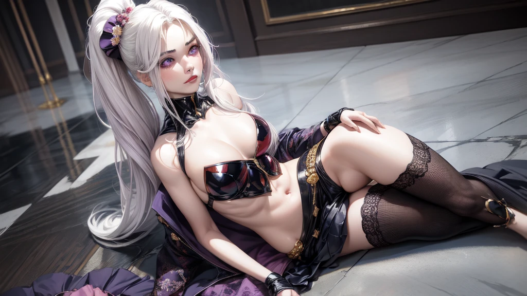 realisitic, 1 girl, White hair, purples eyes, glare eyes, top cut, overskirt, parted lips, blush, natta, flowers, floor, floorlight,