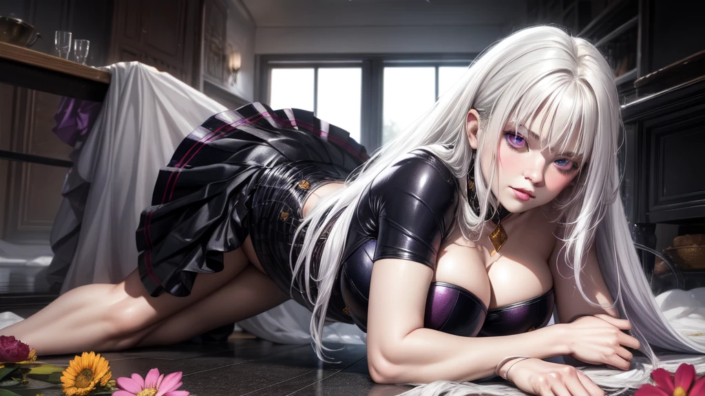 realisitic, 1 girl, White hair, purples eyes, glare eyes, top cut, overskirt, parted lips, blush, natta, flowers, floor, floorlight,