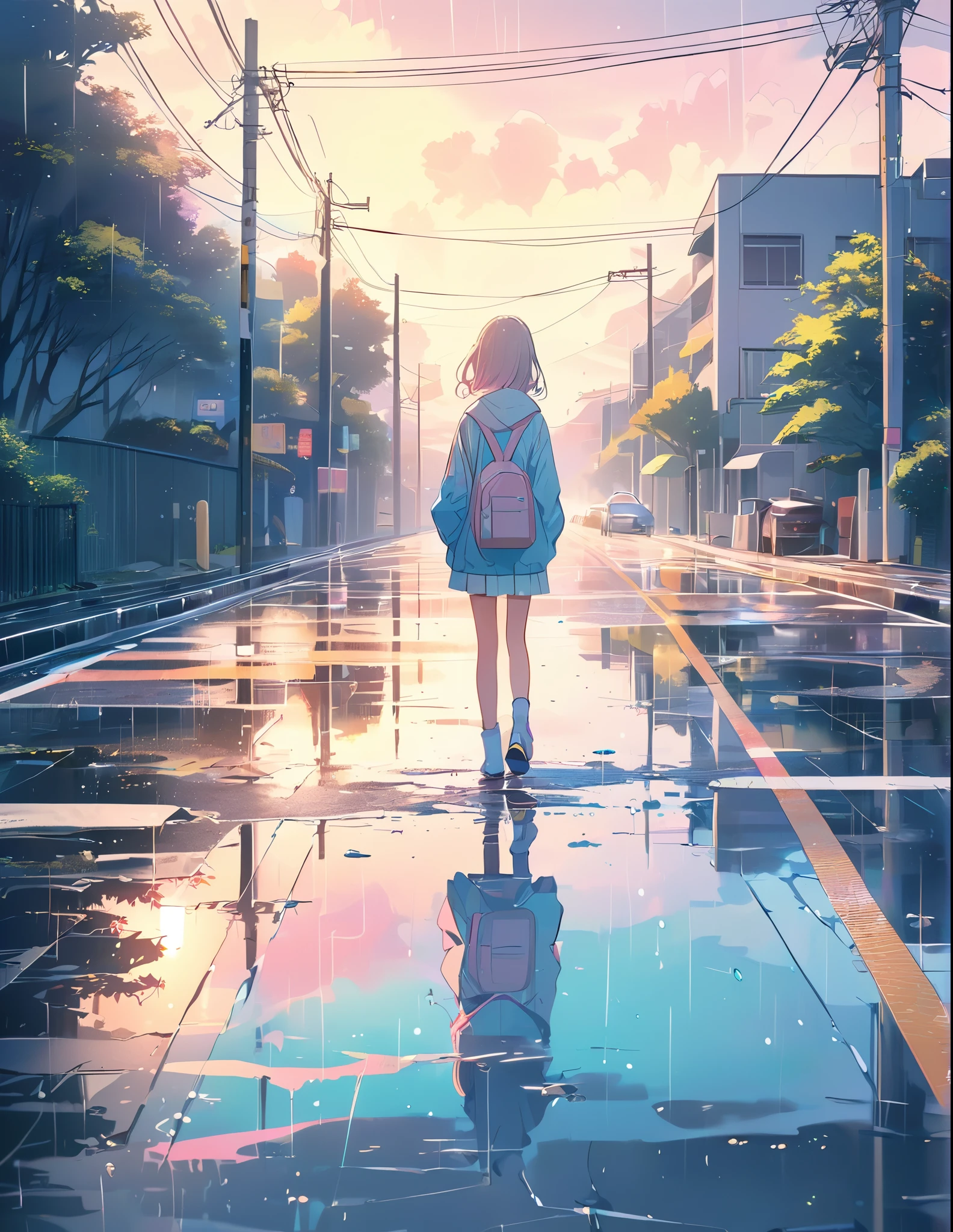 (anime style:1.4),Soft pictorial touches、超High resolution, Attention to detail, high quality, High resolution, 最high quality, 4K, 8K,Road after the rain、Puddle and girl、Pastel color effect