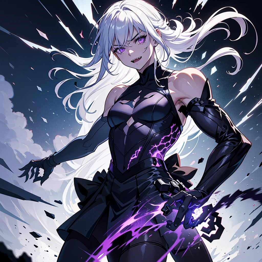 combat position, slightly crouched, with tense muscles and closed eyes, about to release energy.
Hair:
- Color: silver white.
- Length: long, up to the middle of the back.
- Motion: disheveled, disturbed by a current of air.
Eyes:
- Color: bright purple, with a slight supernatural glow.
- Expression: Intense, decided, reflected ferocity.
Facial features:
- Expression: Pain and determination, slight mind-altering smile.
- Teeth: Sharp and prominent fangs.
body:
- Musculature: toned, showing strength and agility.
- Claws: long, sharp, capable of cutting down mature trees. Emanates a faint dark glow.
- Alas: Extended, sharp como cuchillas, sinister and metallic looking.
outfit:
- Description: Torn combat clothing, revealing parts of his skin. Dark clothes, with metal details.
context:
- Around: dark cave, rough rock walls, hanging stalactites. Rock fragments and dust in the air.
- Lightning: Luz outfit, with purple sparkles from Alice's eyes and claws.
Additional details:
- Effects: Dark energy particles around his body, supernatural fog.
- Motion: Dynamic, Alice in motion, about to launch.
Emotion:
- Mental state: Uncontrollable rage and determination reflected in posture and expression.