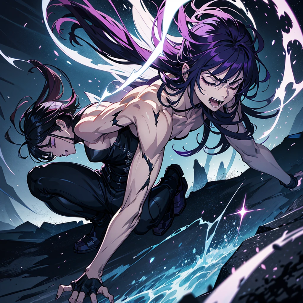 combat position, slightly crouched, with tense muscles and closed eyes, about to release energy.
Hair:
- Color: silver white.
- Length: long, up to the middle of the back.
- Motion: disheveled, disturbed by a current of air.
Eyes:
- Color: bright purple, with a slight supernatural glow.
- Expression: Intense, decided, reflected ferocity.
Facial features:
- Expression: Pain and determination, slight mind-altering smile.
- Teeth: Sharp and prominent fangs.
body:
- Musculature: toned, showing strength and agility.
- Claws: long, sharp, capable of cutting down mature trees. Emanates a faint dark glow.
- Alas: Extended, sharp como cuchillas, sinister and metallic looking.
outfit:
- Description: Torn combat clothing, revealing parts of his skin. Dark clothes, with metal details.
context:
- Around: dark cave, rough rock walls, hanging stalactites. Rock fragments and dust in the air.
- Lightning: Luz outfit, with purple sparkles from Alice&#39;s eyes and claws.
Additional details:
- Effects: Dark energy particles around his body, supernatural fog.
- Motion: Dynamic, Alice in motion, about to launch.
Emotion:
- Mental state: Uncontrollable rage and determination reflected in posture and expression.