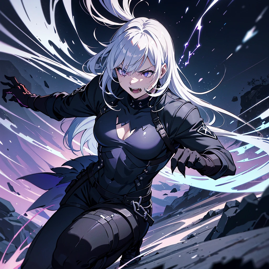 combat position, slightly crouched, with tense muscles and closed eyes, about to release energy.
Hair:
- Color: silver white.
- Length: long, up to the middle of the back.
- Motion: disheveled, disturbed by a current of air.
Eyes:
- Color: bright purple, with a slight supernatural glow.
- Expression: Intense, decided, reflected ferocity.
Facial features:
- Expression: Pain and determination, slight mind-altering smile.
- Teeth: Sharp and prominent fangs.
body:
- Musculature: toned, showing strength and agility.
- Claws: long, sharp, capable of cutting down mature trees. Emanates a faint dark glow.
- Alas: Extended, sharp como cuchillas, sinister and metallic looking.
outfit:
- Description: Torn combat clothing, revealing parts of his skin. Dark clothes, with metal details.
context:
- Around: dark cave, rough rock walls, hanging stalactites. Rock fragments and dust in the air.
- Lightning: Luz outfit, with purple sparkles from Alice's eyes and claws.
Additional details:
- Effects: Dark energy particles around his body, supernatural fog.
- Motion: Dynamic, Alice in motion, about to launch.
Emotion:
- Mental state: Uncontrollable rage and determination reflected in posture and expression.