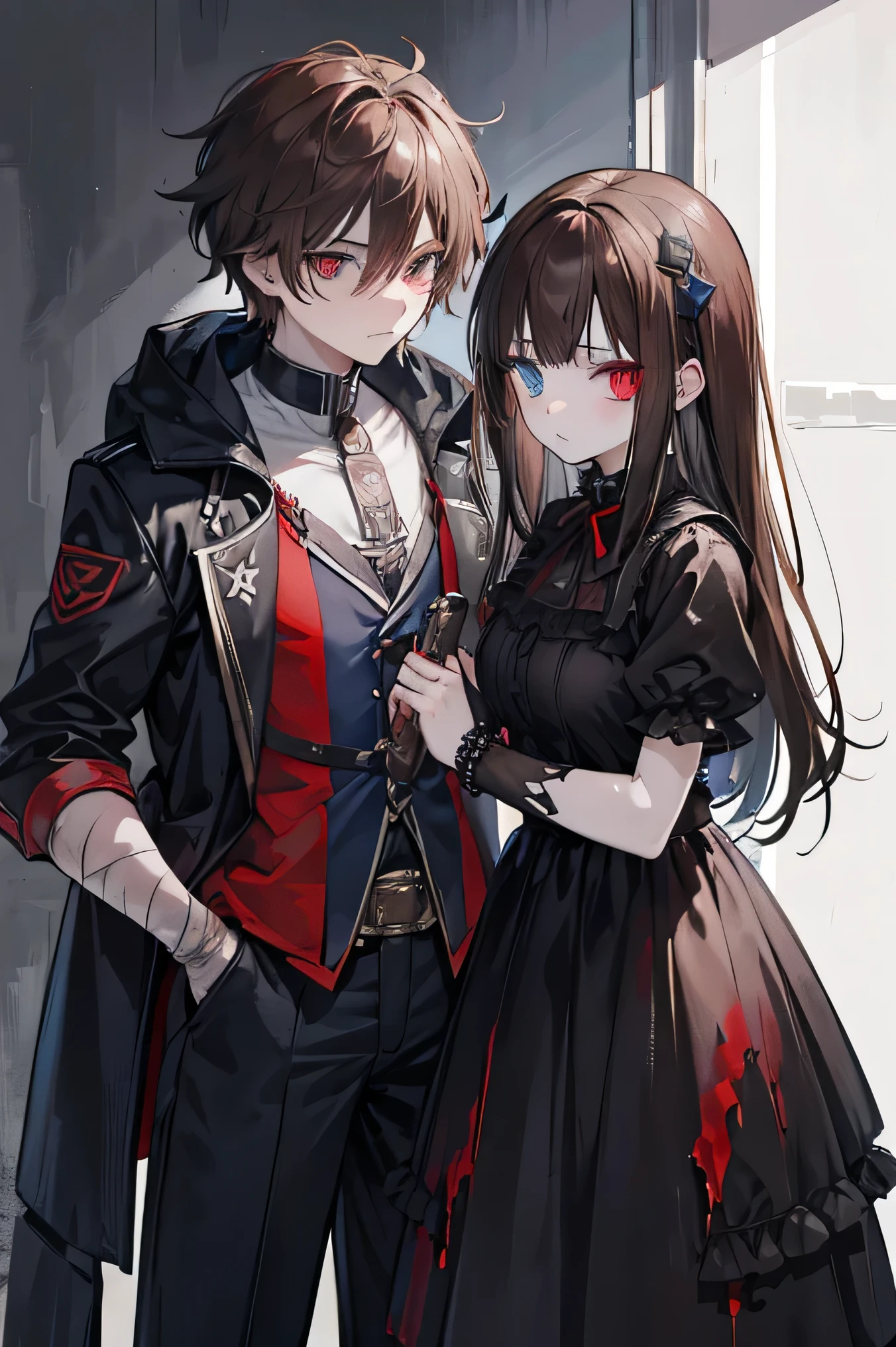masked girl and masked boy, bloody male, pale, scars, combat knife bloody, brown hair, female, scars, heterochromia eyes one blue one brown horror, dark, moody.