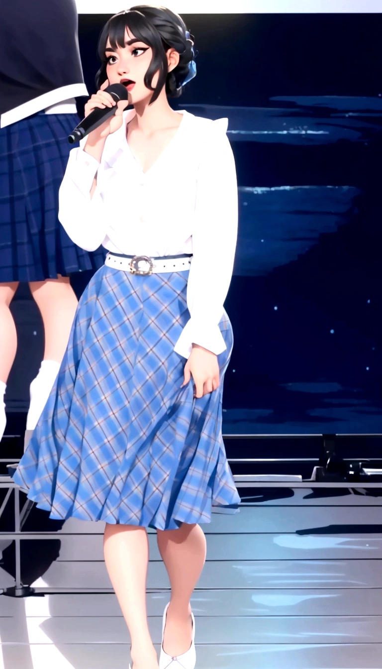 araffe woman in a skirt and white shirt singing on stage, wearing skirt, a blue skirt, wearing a skirt, plaid skirt, in a glowing skirt, extra short blue plaid skirt, Zia, skirt, dressed in long fluent skirt, fishnets and a long tartan skirt, waist - total, flowing blue skirt, wide skirts, small waist, waist height