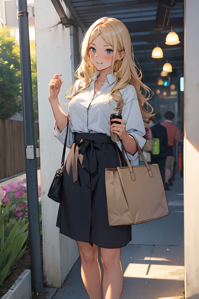 A girl. safe office outfit, can see from the waist up, Long curly hair, light blond hair, exaggerate surprise face, surprise face