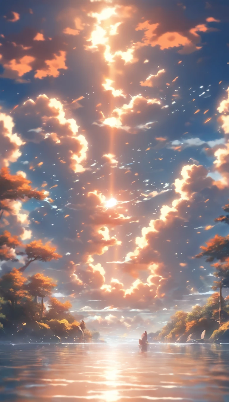 Beautiful sky, clouds, majestic clouds,by the river side, crystal clear reflective water, blurry water, a cycle by the river,fishes in river,birds flying, Sunray leaks, masterpiece, 32k, hd, High quality,high detailing,high resolution, professional colour grading