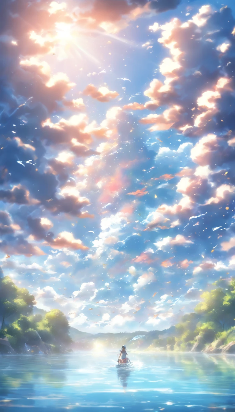 Beautiful sky, clouds, majestic clouds,by the river side, crystal clear reflective water, blurry water, a cycle by the river,fishes in river,birds flying, Sunray leaks, masterpiece, 32k, hd, High quality,high detailing,high resolution, professional colour grading