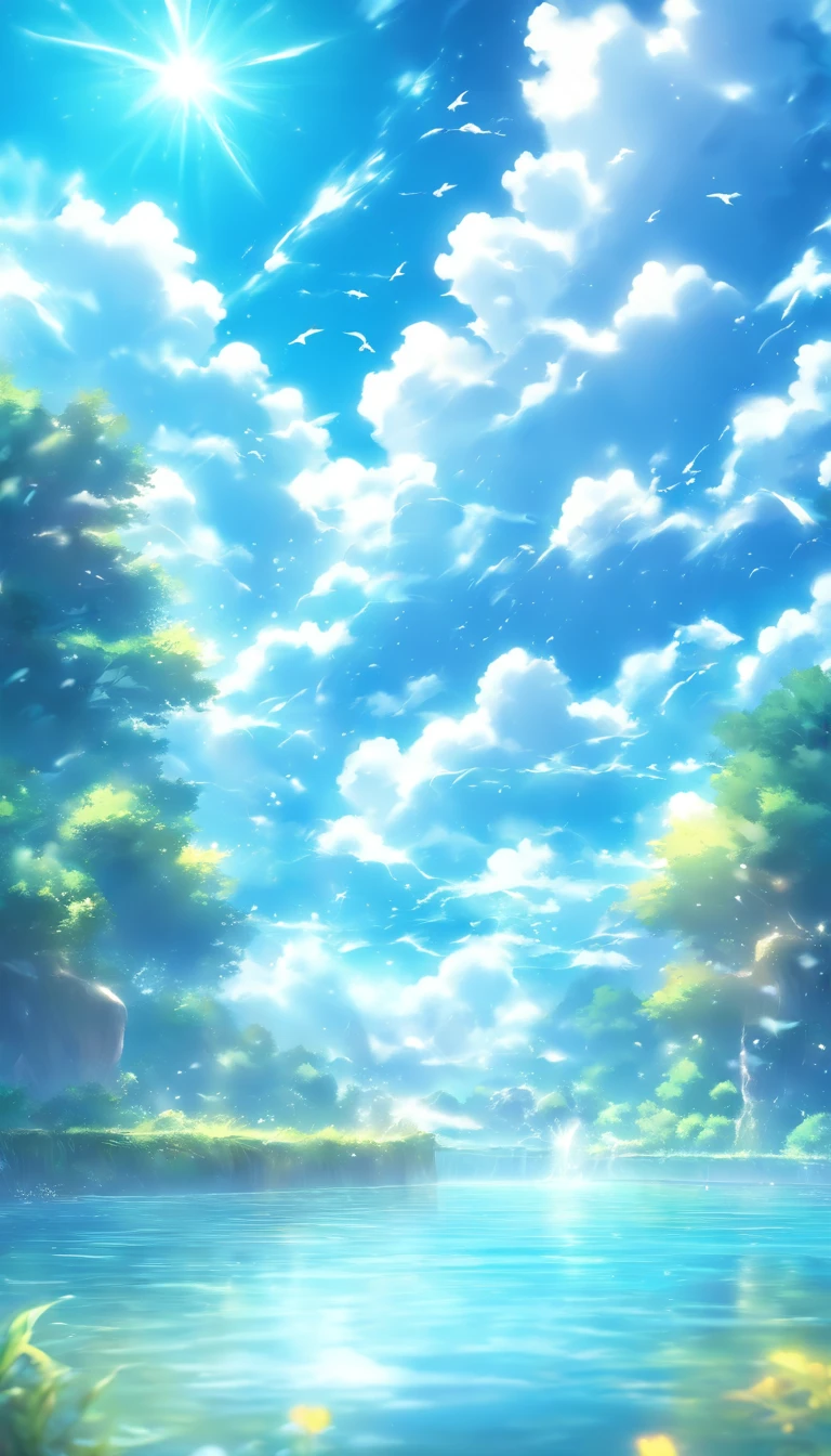 Beautiful sky, clouds, majestic clouds,by the river side, crystal clear reflective water, blurry water, a cycle by the river,fishes in river,birds flying, Sunray leaks, masterpiece, 32k, hd, High quality,high detailing,high resolution, professional colour grading