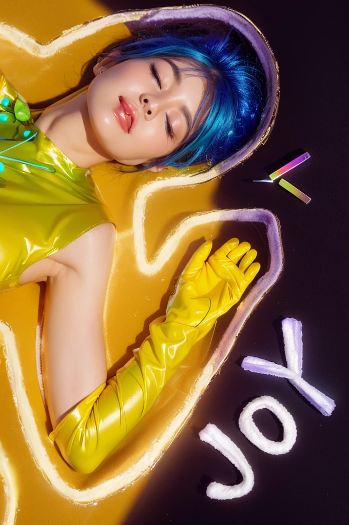 This image captures a visually stunning and vibrant portrayal of a woman, framed against a textured background that combines golden and purple hues. She is lying down, with her eyes closed in a serene expression, surrounded by an outline that seems to radiate light, enhancing the peaceful ambiance. Her hair is vivid blue, providing a striking contrast against the warmer background colors.
She wears a bright green dress that shines with a glossy finish, and her arms are adorned with yellow gloves that reach her elbows, contributing to the vivid and colorful palette of the image. The word "JOY" is creatively integrated into the scene, written in white on the purple section of the background, suggesting the theme or emotion conveyed by this setup. The overall composition is both dreamlike and expressive, effectively capturing a moment of tranquil beauty enhanced by a rich, colorful environment. 3d model, multiple light sources, rim light, sharp post broken glass magic ball of turquoise color with fragments lying nearby frame above from above on a white background effects render, (glossy plastic texture with multiple big light probe refractions), perfect cgi, smooth silhouette, high intensity refraction, (super glossy plastic material), most beautiful vfx, , realistic, 4k, high resolution, rim light, smooth 3d model, multiple light sources, rim light, sharp post effects render,, realistic, 4k, high resolution, rim light detailed digital art, reflective, best quality, 4k, masterpiece:1.2, ultra-detailed, realistic, vivid colors, The image of the highest quality, ensuring every detail showcased perfectly. It in 4k resolution, allowing viewers to immerse themselves in the richness of the colors and intricate details. The realistic rendering. under the spotlight, reflecting, high-resolution image, realistic rendering