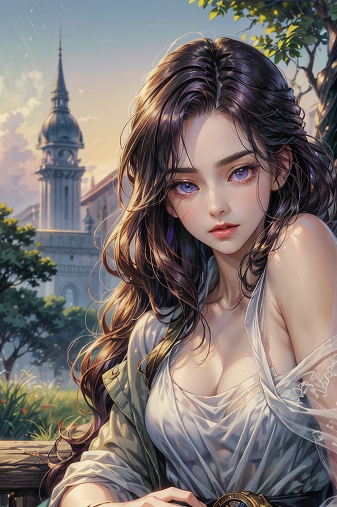 ((best quality)), ((Masterpiece)), (details), ((perfect face)), beautiful face,dark violet hair and shot hair, violet eyes, age boy, perfect proportions , Characters from the animeSailor Moon , girl version , Hiro Mashima Art, details ghibli town background, details ghibli scenery background