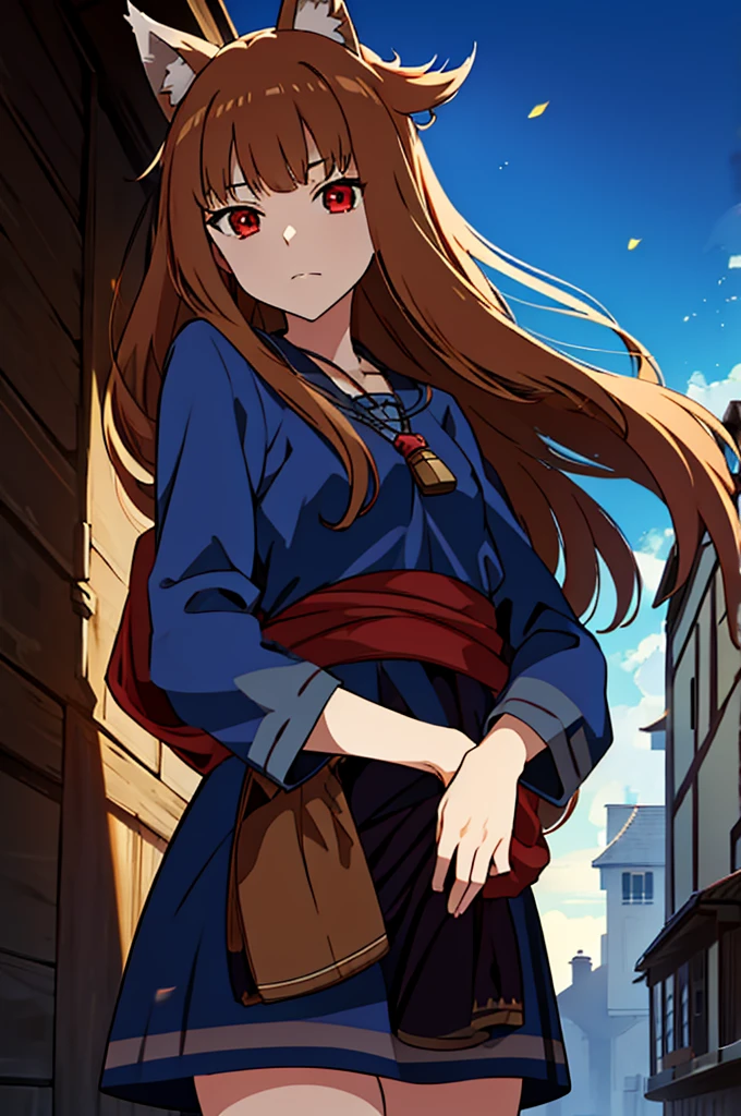 (masterpiece:1.3), (best quality:1.1), (8k, ultra detailed, ultra high res:1.2), (anime style:1.3), (perfect 5 fingers:1.1), perfect anatomy, 
1girl, wolf girl, 
holo, 
BREAK long hair, wolf ears, fuffy hair in the ears, 
brown hair, 
red eyes, BREAK blue shirt, brown skirt, long skirt, 
small breasts,   
BREAK looking at viewer, 
cowboy shot, 
standing, 
perfect light, 
outdoor, outside, city, cityscape, (village:1.3), 