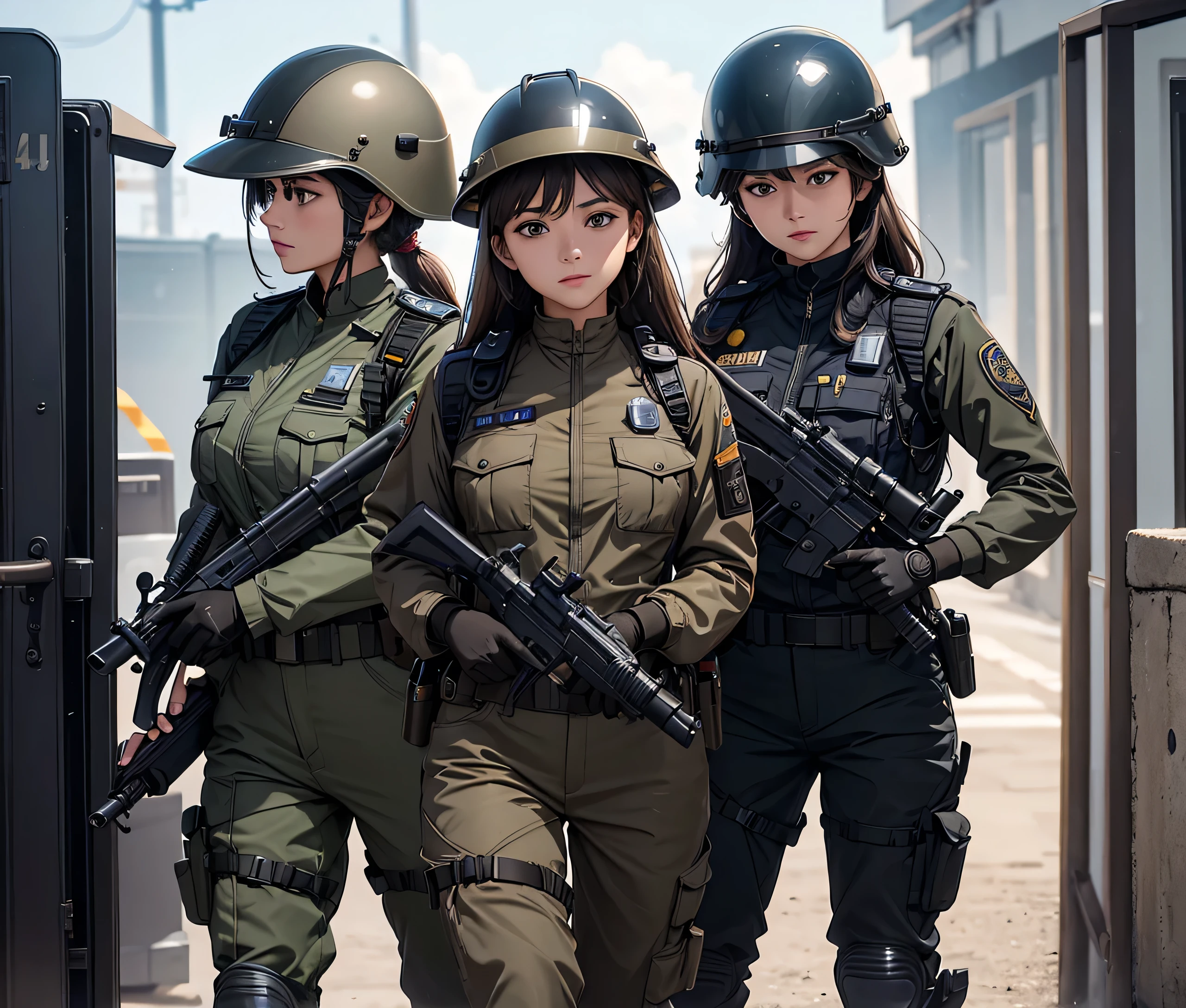 A group of policewomen、Wear all brown、Full helmet、Military Pants、Police suit、Alert with guns、Write details、masterpiece、best quality、Highly detailed CG、8K picture quality