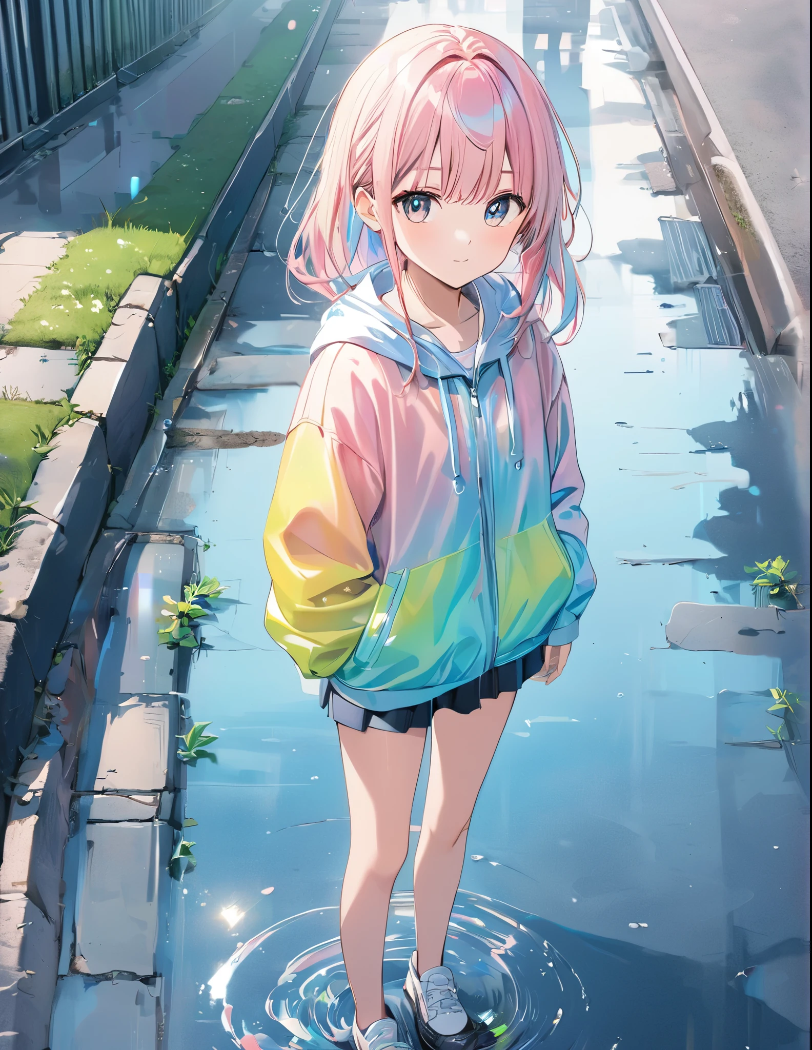 (anime style:1.4),Soft pictorial touches、超High resolution, Attention to detail, high quality, High resolution, 最high quality, 4K, 8K,Road after the rain、Puddle and girl、Pastel color effect、whole body