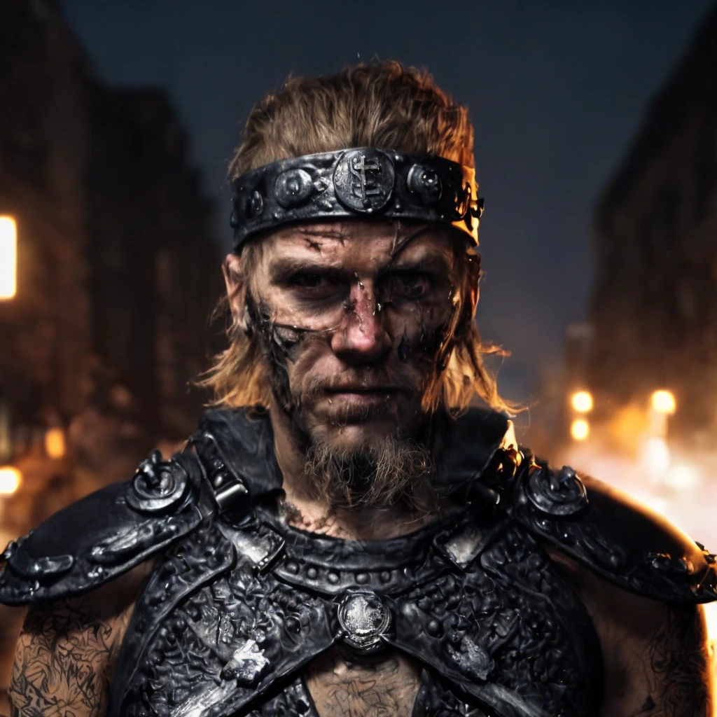 Prompt: (masterpiece)+, (extremely (realistic)+,a portrait of an extremely ugly Massive nazi-satanist post-apocalyptic raider punk. bad skin, dirty skin, scars and bruises, warpaint, dressed in a black leather jacket over bare chest and raider gear, makeshift outfit. Mad max. Raider. evil grin. Crazy stare. Front photo. Looking in camera. volumetrics dtx, Photorealistic, ultra detailed, Artstation trending, very very detailed, realistic shaded lighting, dynamic shadows, detailed Night riot streets background, upper body, professional photograph of a detailed skin, sharp focus, dramatic, award winning, cinematic lighting, octane render, unreal engine, volumetrics dtx, Photorealistic, ultra detailed, Artstation trending, very very detailed, hyperrealistic, fine details, realistic shaded lighting, dynamic shadows, Night riot streets background, add_detail:1, skin pores and wrinkles, details.,More Reasonable Details