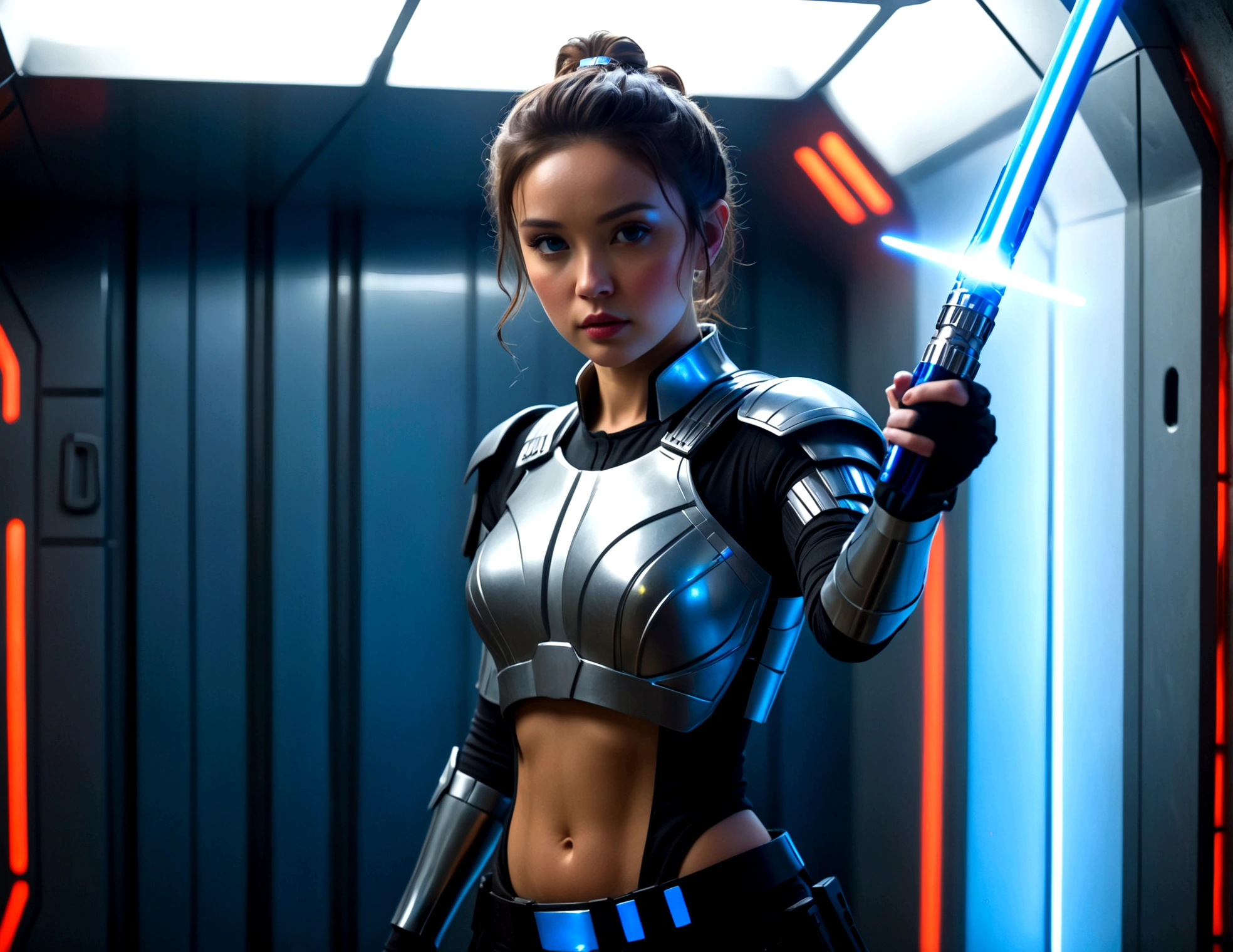A cute woman (sci fi outfit, tight fitting body armor, wielding a blue light saber) behind her is a rack with various weapons and costume pieces
