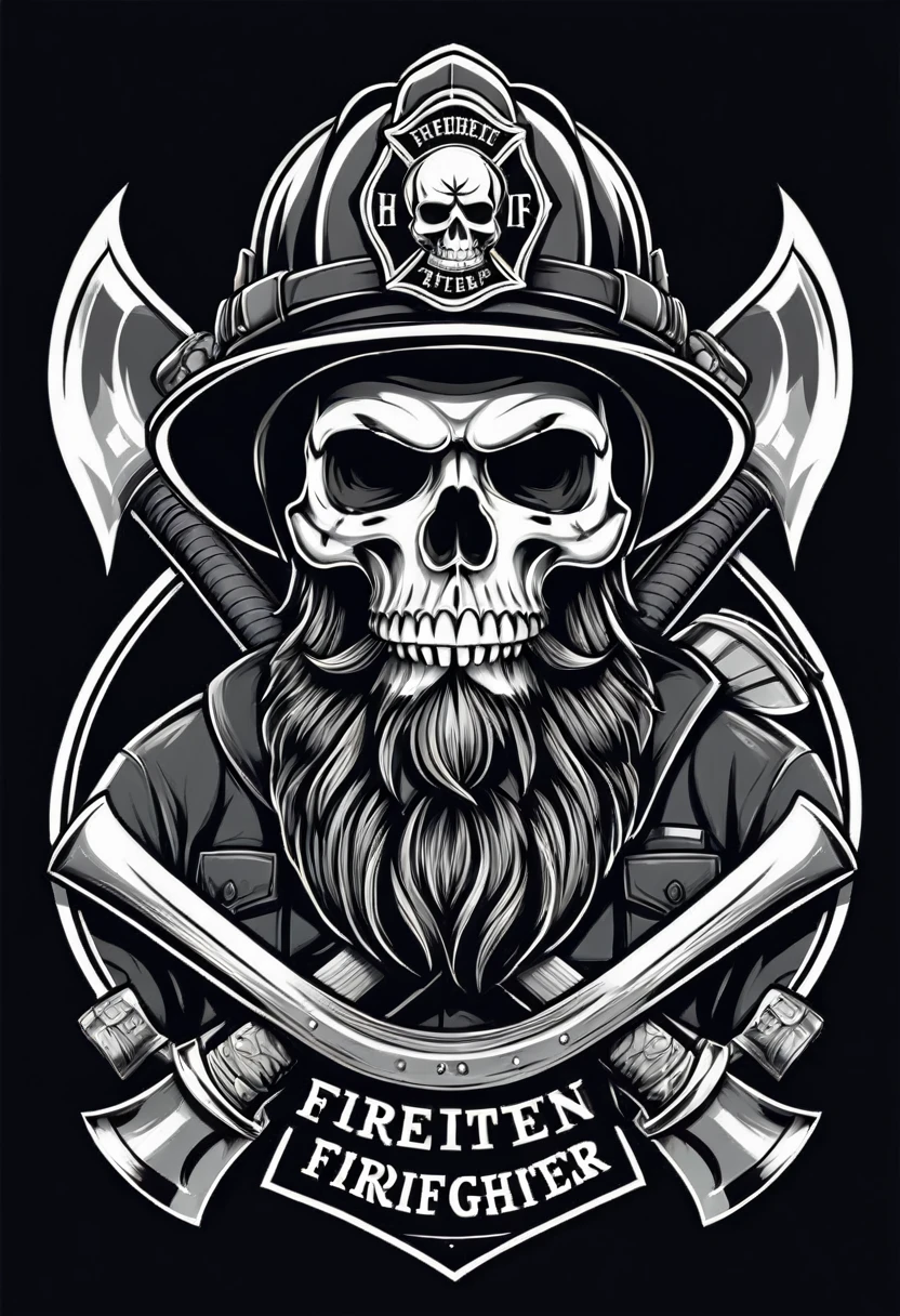 Firefighter logo with crossed axes and bearded skull wearing firefighter helmet, t shirt design, monochrome color , vector, ((black backdrop)) . awardwinning, proffesional, highy detailed