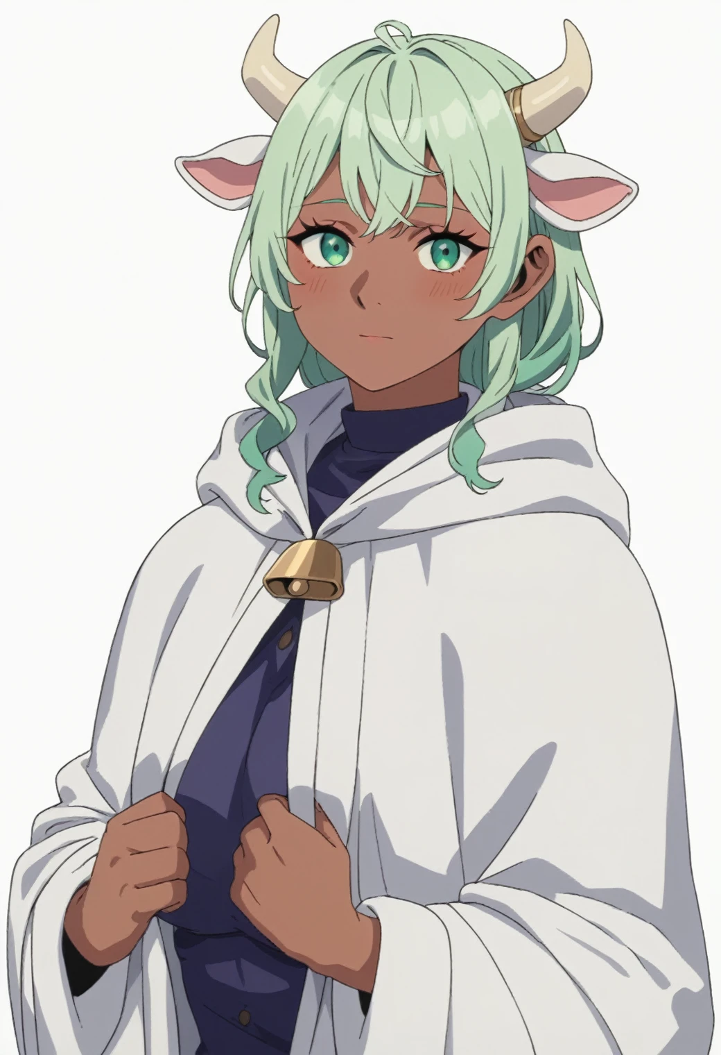 source_anime, score_9, score_8_up, score_7_up, rating_excplicit, 1girl,cowgirl, cow ears, cow horns, solo, dark skin, looking at viewer, dark-skinned female, male focus, bangs, cloak, hood, upper body, soft green hair, robe, large breasts, hood down, shy, cute