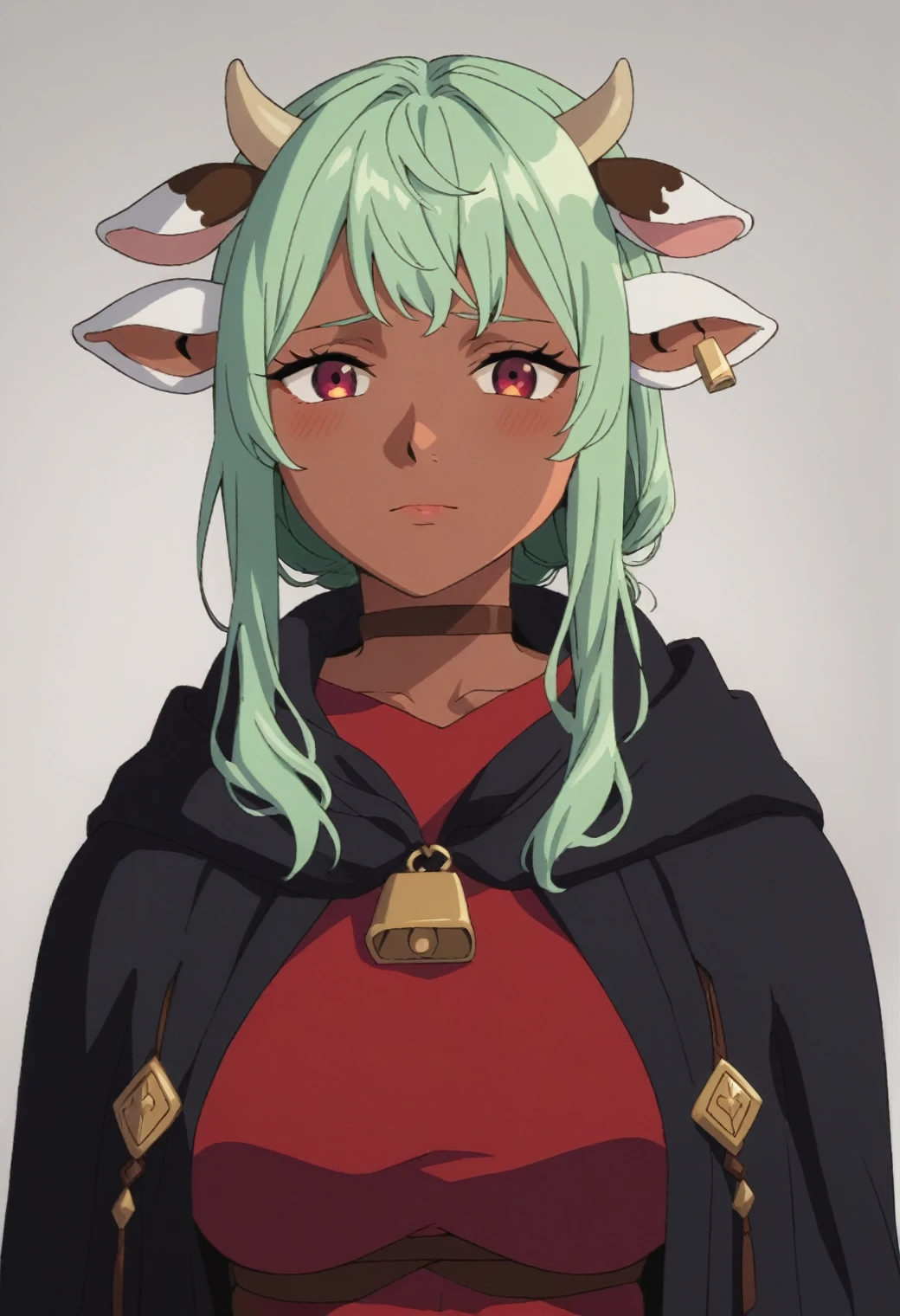 source_anime, score_9, score_8_up, score_7_up, rating_excplicit, 1girl,cowgirl, cow ears, cow horns, solo, dark skin, looking at viewer, dark-skinned female, male focus, bangs, cloak, hood, upper body, soft green hair, robe, large breasts, hood down, shy, cute