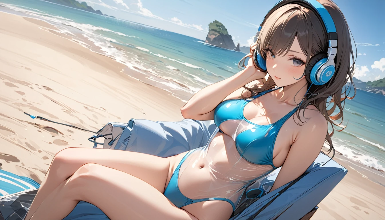 ((Top Quality)), ((Masterpiece)), ((Details)), perfect face, perfect body, sitting by the beach, listening to music, wearing headphones, wearing swimsuit, transparent swimsuit, wearing clothes exposing tight hips and breasts Woman with face visible, sitting with legs apart