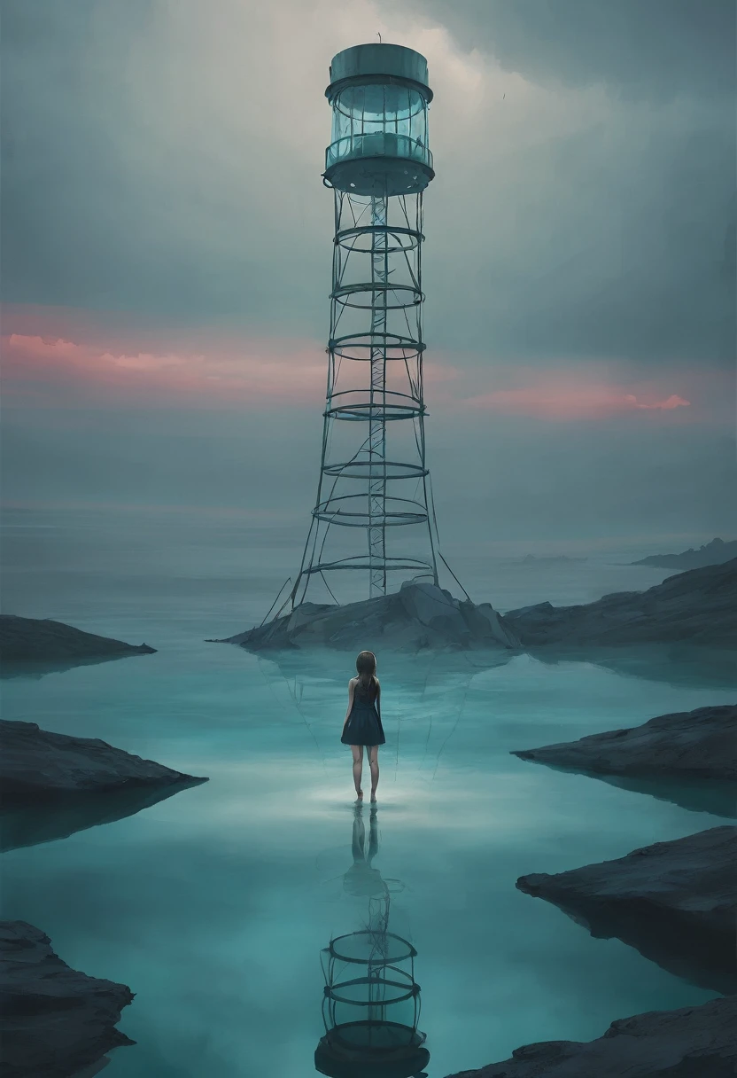 Sea temperature, A girl stands on a glass tower in a surreal landscape