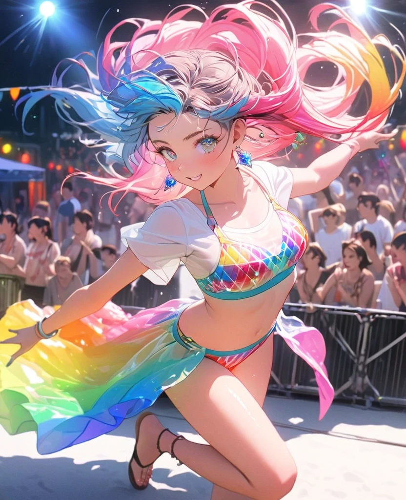 8K,gal,an extremely delicate and beautiful,Beautiful and realistic skin,Shiny jewel-like earrings,Long colorful hair,beautiful eyes,full body,head to toe,beautiful regs,beautiful colorful bikini
,summer music festival,beautiful lighting,dance
