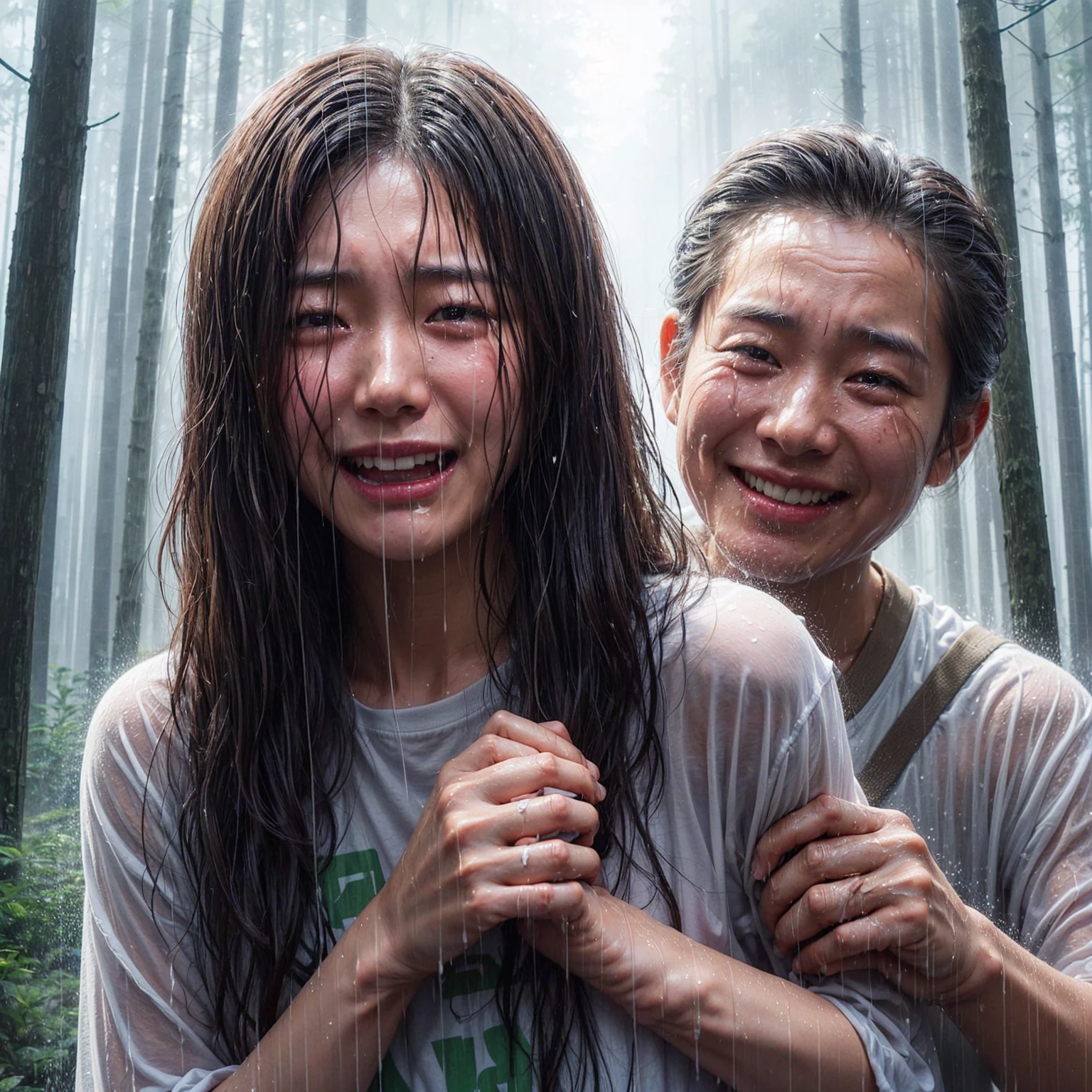 "A beautiful 17-year-old Korean woman, crying, caught in the rain with wet clothes, wearing a t-shirt, being grabbed from behind by a 40-year-old Indonesian man with a creepy smile. The background shows a forest scene with tall trees, realistic."