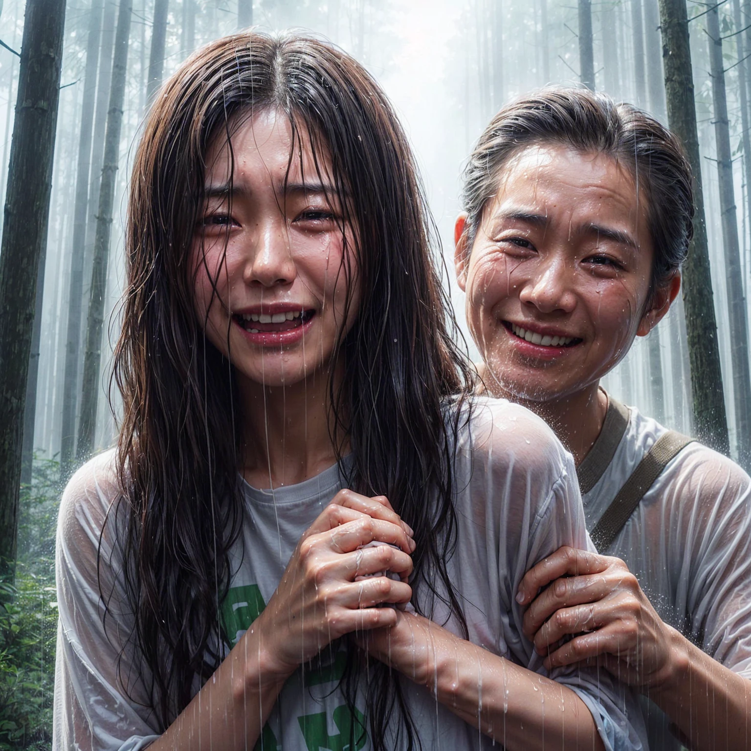 "A beautiful 17-year-old Korean woman, crying, caught in the rain with wet clothes, wearing a t-shirt, wavy bob hair, being grabbed from behind by a 40-year-old Indonesian man with a creepy smile. The background shows a forest scene with tall trees, realistic."