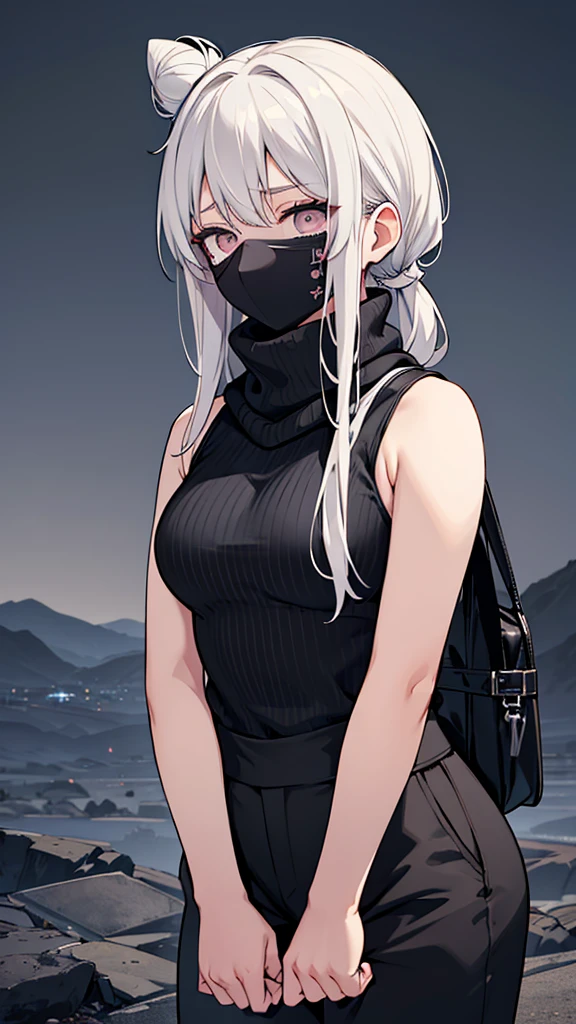 Japanese adult woman, 40-year-old adult, medium-length brown hair, grunge, aesthetic, inumaki, white hair tied into bun, no bangs, pure white hair, plain black turtleneck, lazy, eyebags, ominous, eerie, mysterious, night time, dark, eyebags, bags under eyes, adult woman, dark gray pants, dress pants, black turtleneck tucked into dark gray pants, black sleeveless turtleneck halter, eerie moorlands background, turtleneck sweater covering mouth, black scarf covering mouth, mouth covered, facemask, stern expression, arrogant