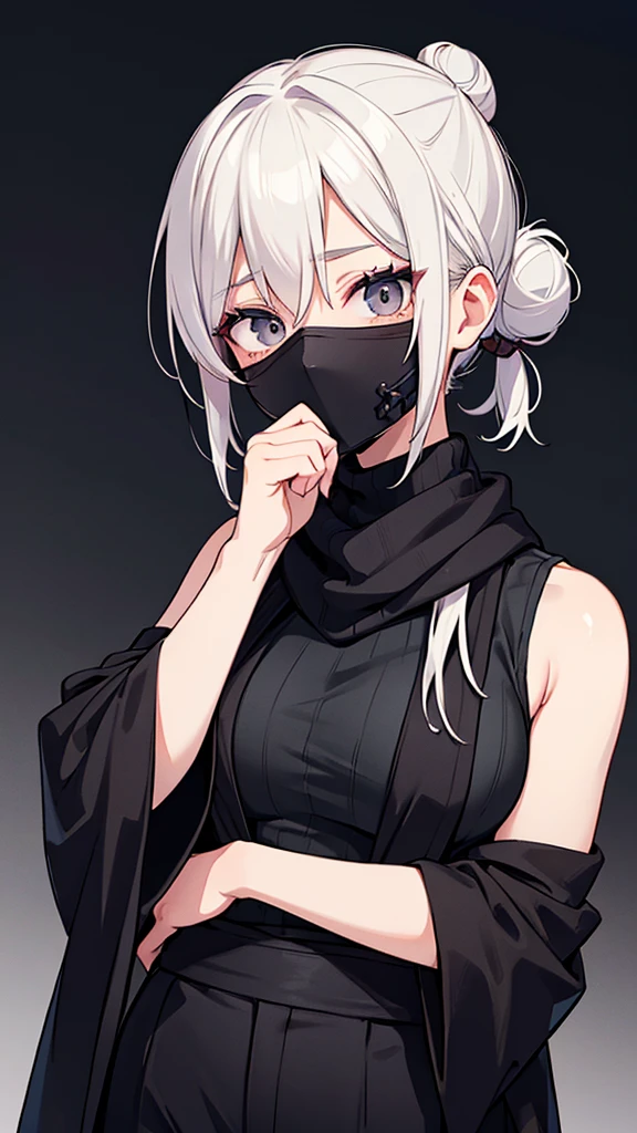 Japanese adult woman, 40-year-old adult, medium-length brown hair, grunge, aesthetic, inumaki, white hair tied into bun, no bangs, pure white hair, plain black turtleneck, lazy, eyebags, ominous, eerie, mysterious, night time, dark, eyebags, bags under eyes, adult woman, dark gray pants, dress pants, black turtleneck tucked into dark gray pants, black sleeveless turtleneck halter, eerie moorlands background, turtleneck sweater covering mouth, black scarf covering mouth, mouth covered, facemask, stern expression, arrogant