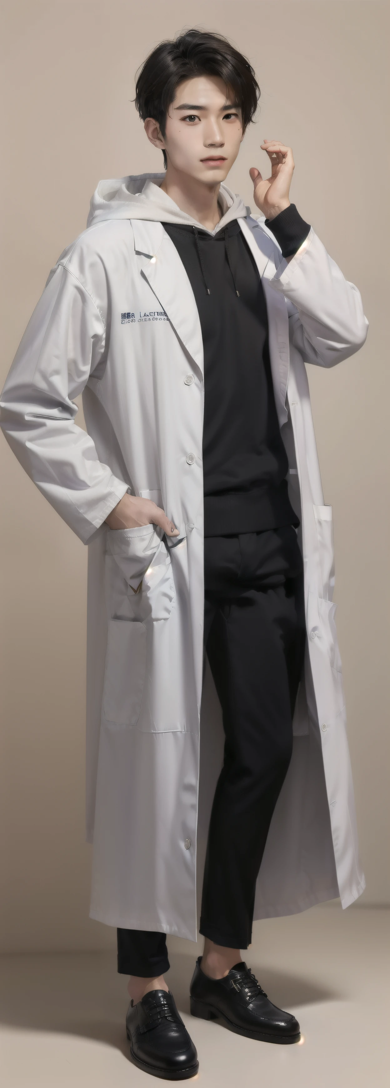 (Fair skin),((white lab coat)), (black hoodie underneath),Iris,(gender: Natural Face),(Japanese),(leather shoes),long body,handsome young asian man, Japanese idol style, short clean-cut hair, (center part), calm confident expression, hands in lab coat pockets, plain white background, portrait, high quality, detailed, 8K