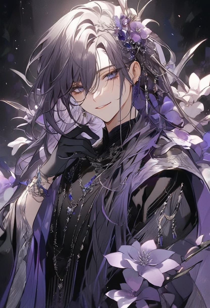 Young boy, soft facial features, smile, squinted siren dark blue eyes without glare, silver and dark purple long loose hair with straight bang, fantasy black clothes with blue and purple elements, long black gloves, model, gorgeous, elegant, lots of silver jewelry, flowers in his hair