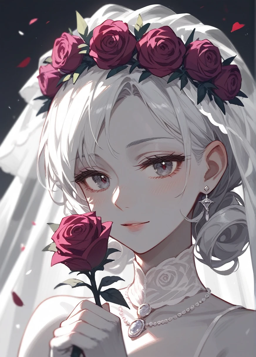 (Fraction_9,Fraction_8_Direction_7_up),1 Woman,Black Wedding Dress Bride，Zombie Bride，curls，Gray skin,Off-white hair,Close your eyes,Black wreath on head,Black wedding dress with golden edges,Black skirt,beautiful_Face,There are weapons in hand，Purple roses，Pattern，