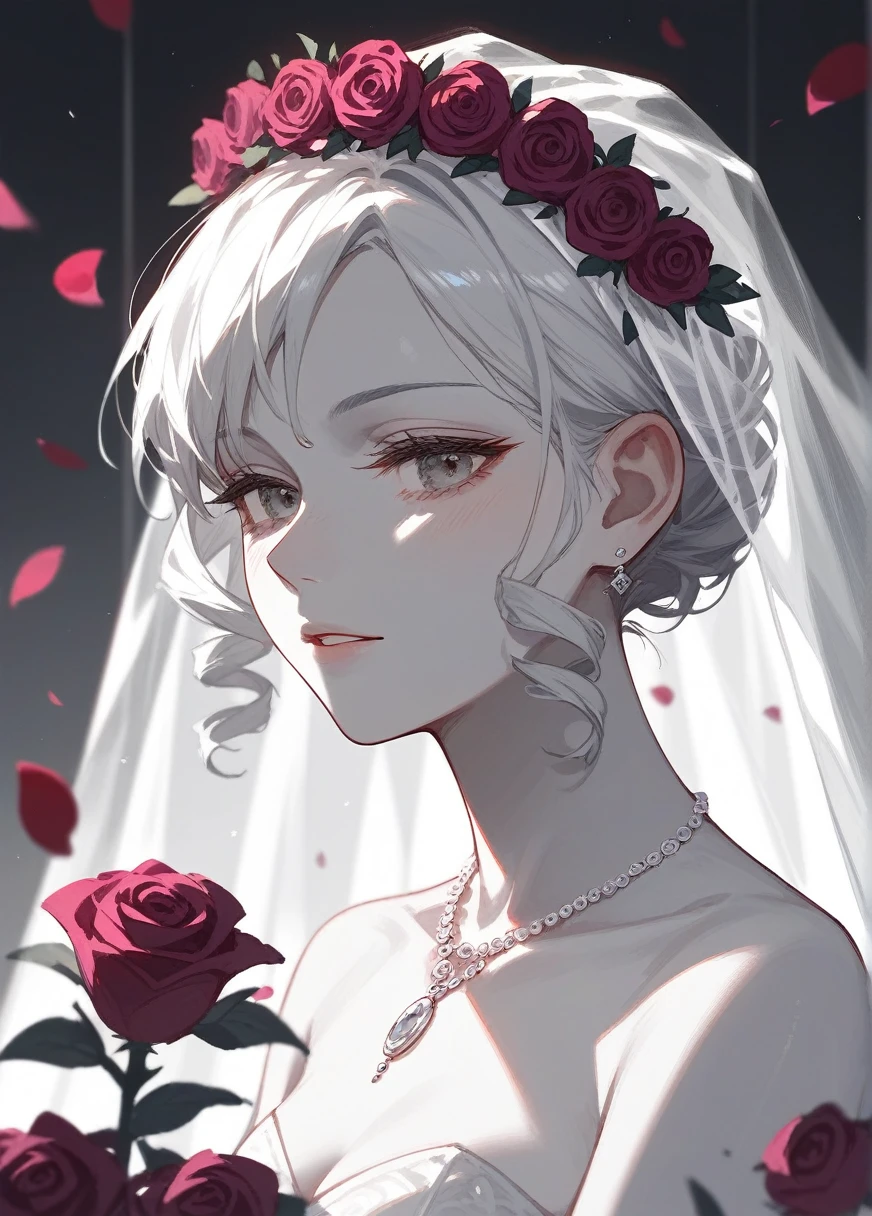 (Fraction_9,Fraction_8_Direction_7_up),1 Woman,Black Wedding Dress Bride，Zombie Bride，curls，Gray skin,Off-white hair,Close your eyes,Black wreath on head,Black wedding dress with golden edges,Black skirt,beautiful_Face,There are weapons in hand，Purple roses，Pattern，