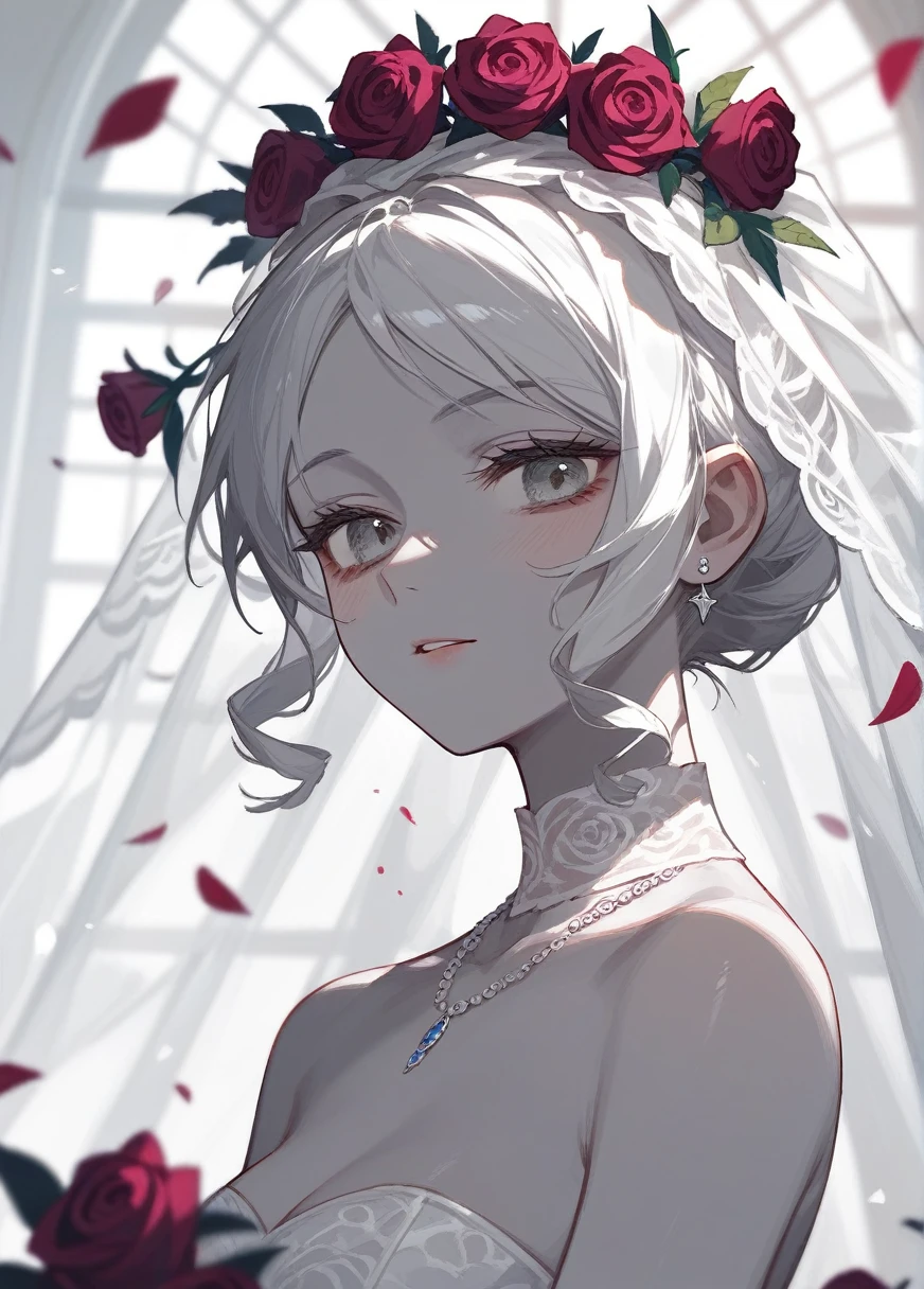 (Fraction_9,Fraction_8_Direction_7_up),1 Woman,Black Wedding Dress Bride，Zombie Bride，curls，Gray skin,Off-white hair,Close your eyes,Black wreath on head,Black wedding dress with golden edges,Black skirt,beautiful_Face,There are weapons in hand，Purple roses，Pattern，