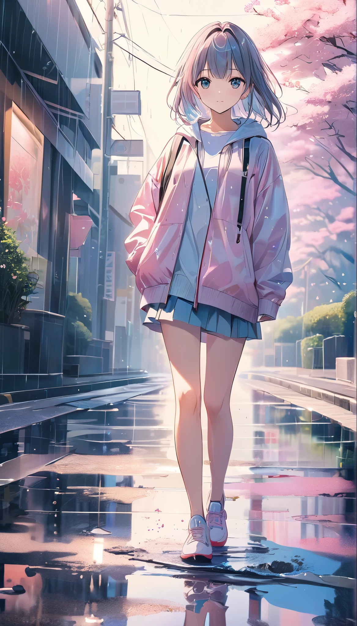 (anime style:1.4),Soft pictorial touches、超High resolution, Attention to detail, high quality, High resolution, 最high quality, 4K, 8K,Highly detailed depiction of a girl、Road after the rain、Puddle and girl、Pastel color effect,桜の花びら