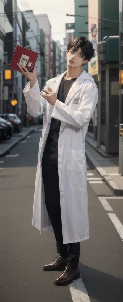 (Fair skin),((white lab coat)), (black hoodie underneath),Iris,(gender: Natural Face),(Japanese),(leather shoes),long body,handsome young asian man, Japanese idol style, short clean-cut hair, (center part), calm confident expression, hands in lab coat pockets, plain white background, portrait, high quality, detailed, 8K